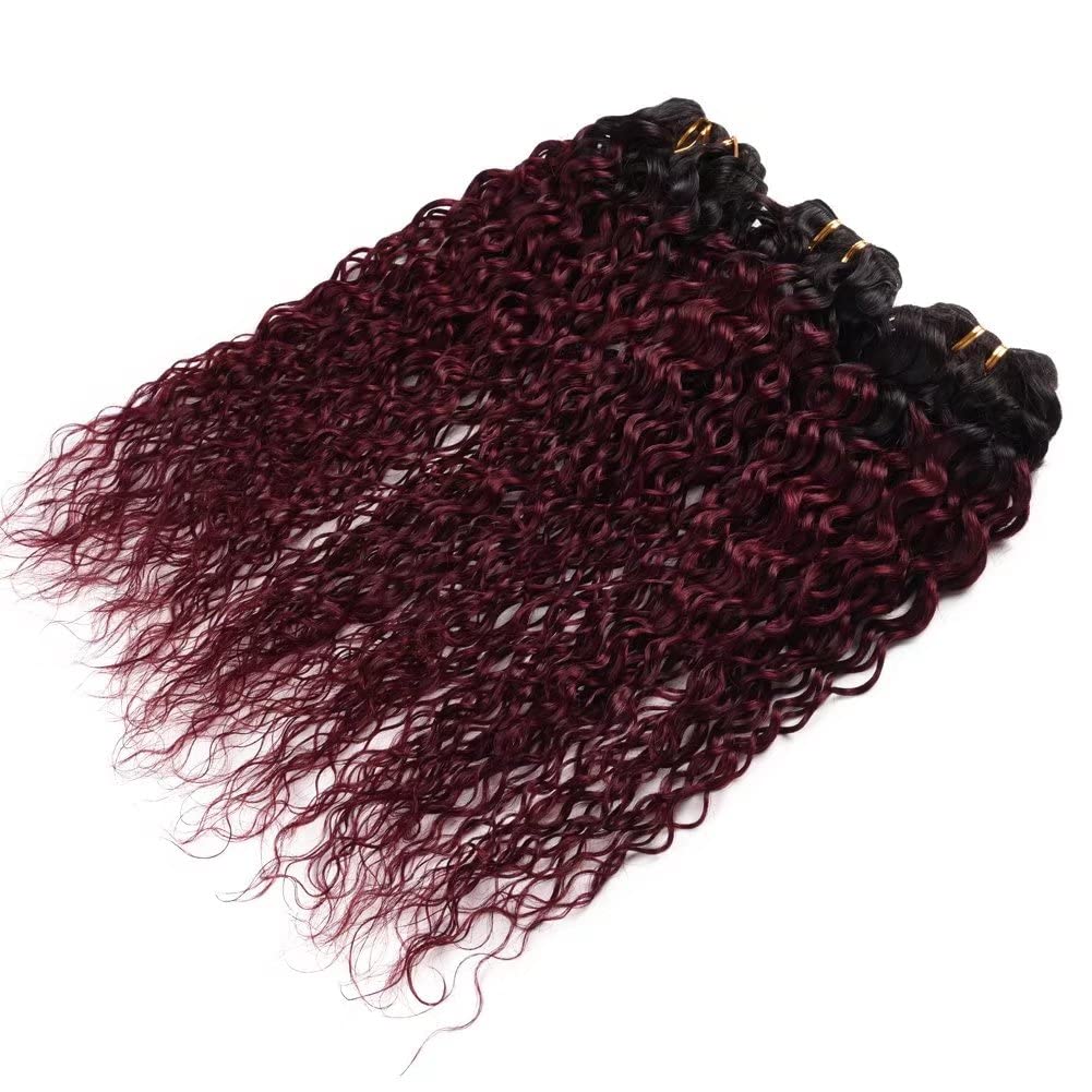 3Pcs Water Wave Ombre Human Hair Bundles 1B/99J Black to Burgundy Brazilian Virgin Hair Extensions (18 20 22 Inch) - Perfect for Sew-in, Clip-in, or Ponytail Styles for Daily Wear & Special Occasions