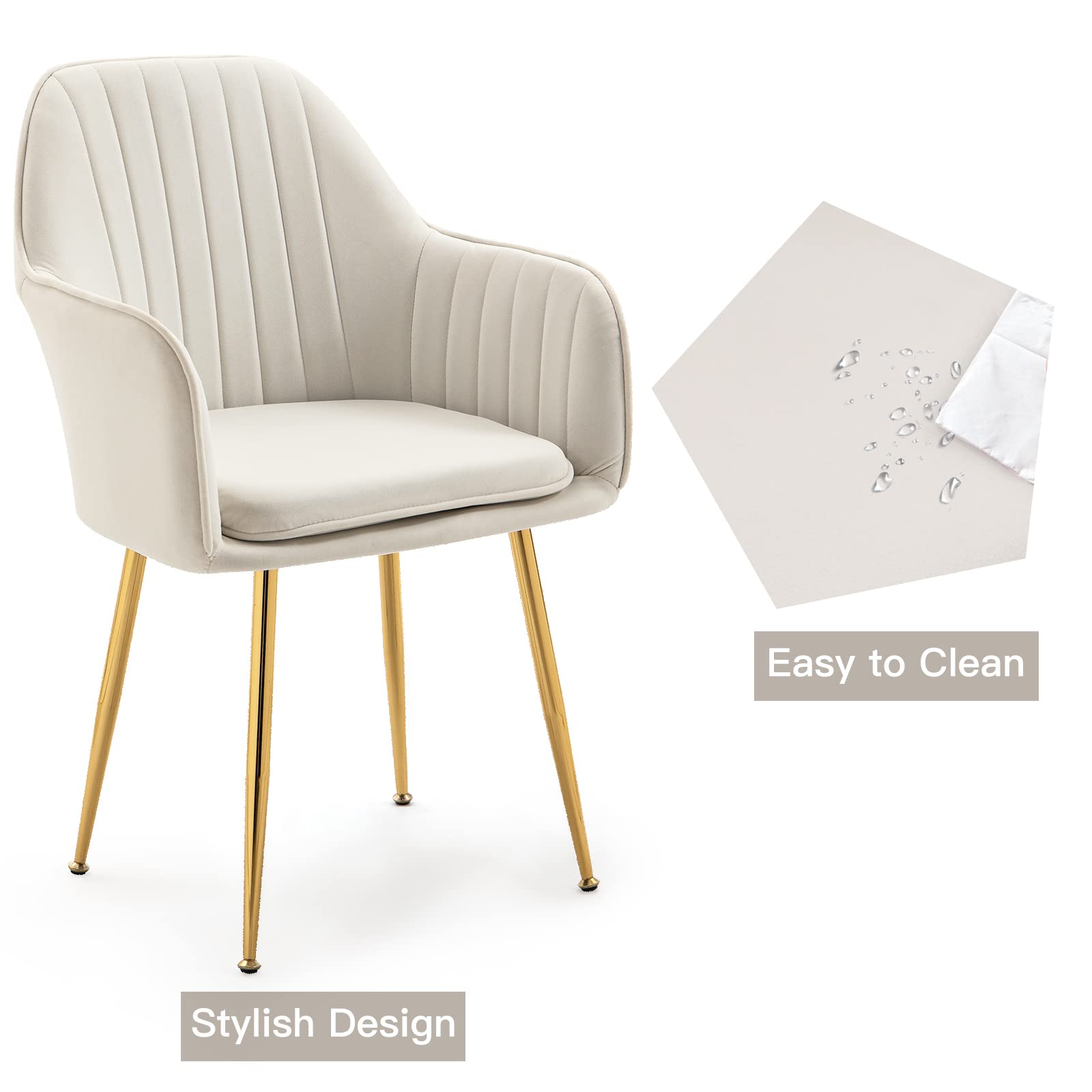 AVAWING Mid-Century Modern Velvet Dining Chairs Set of 4 - Light Beige Upholstered Armchairs with Golden Metal Legs for Living Room, Dining Room & Guest Seating | Elegant Home Decor & Comfortable Club Chairs