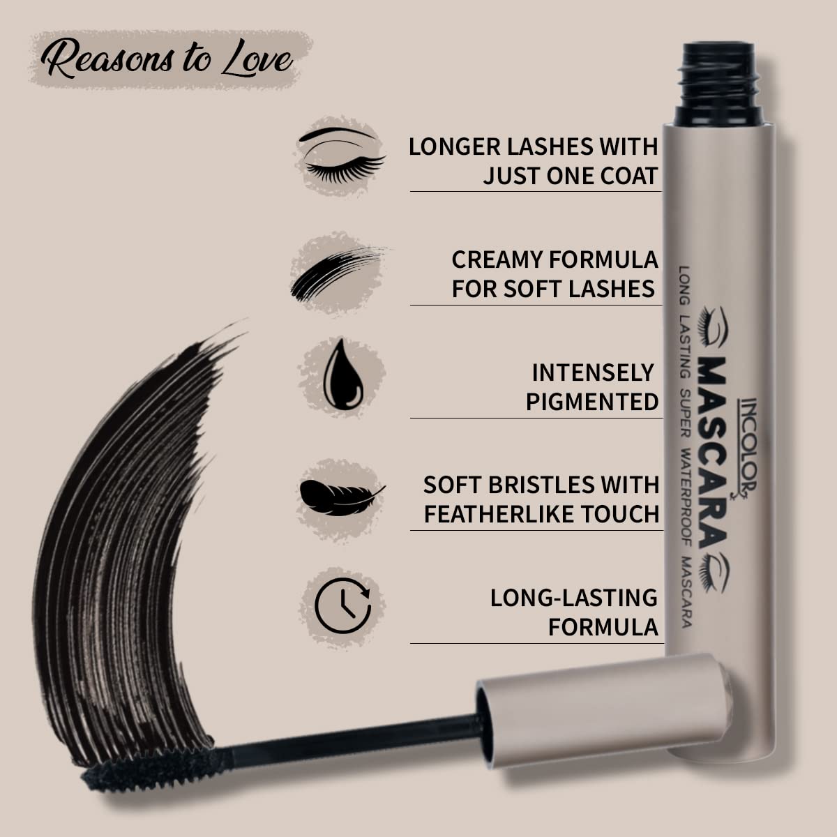 INCOLOR Long-Lasting Waterproof Mascara - Smudge Proof & Volumizing for Men & Women (9ml, Black) - Perfect for Swimming, Workouts & All-Day Wear