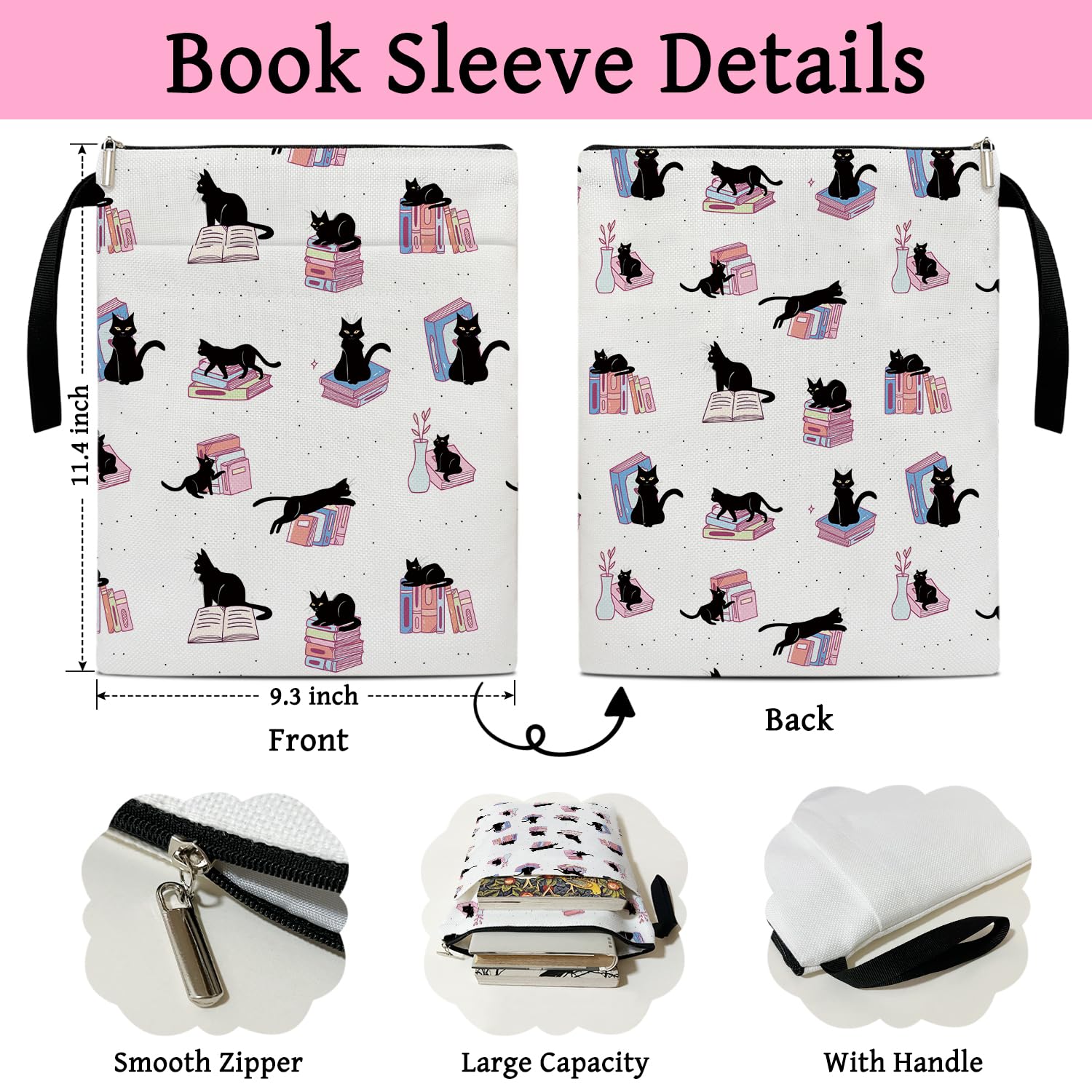 Black Cat Book Sleeve with Zipper - Book Protector Pouch for Book Lovers, Librarians, Teachers & Readers - Perfect Gift for Women, Teens & Friends - Ideal for Travel, School & Library Use