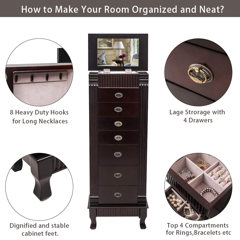 Karl Home Large Standing Jewelry Armoire Cabinet with 7 Drawers & 2 Doors - Wooden Jewelry Organizer with 16 Hooks & Flip Top Mirror, Dark Brown - Perfect for Bedroom, Closet & Dressing Room Organization