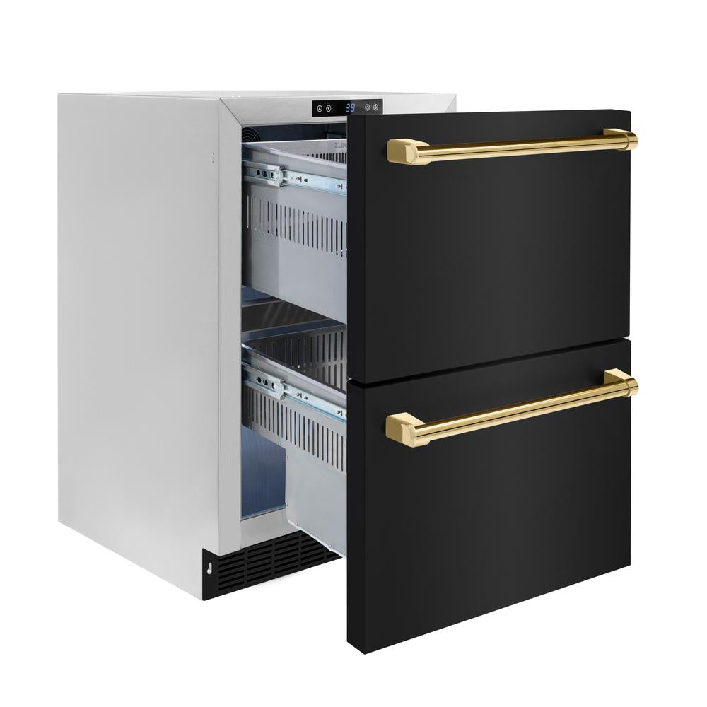 ZLINE Autograph Edition 24 Inch Touchstone 168 Can Outdoor Rated Dual Refrigerator Drawer - Black Stainless Steel with Polished Gold Handles (RDSOZ BS 24 G) | Perfect for Outdoor Kitchens, Patio Bars & Entertaining Areas