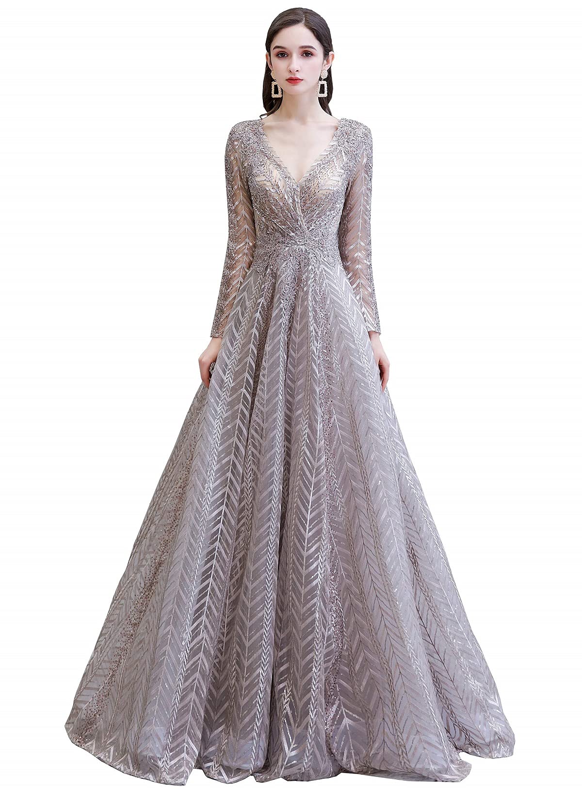 Elegant Long Sleeve Lace Evening Dress for Women - V Neck Crystal Beaded Formal Gown for Prom, Wedding, and Special Occasions