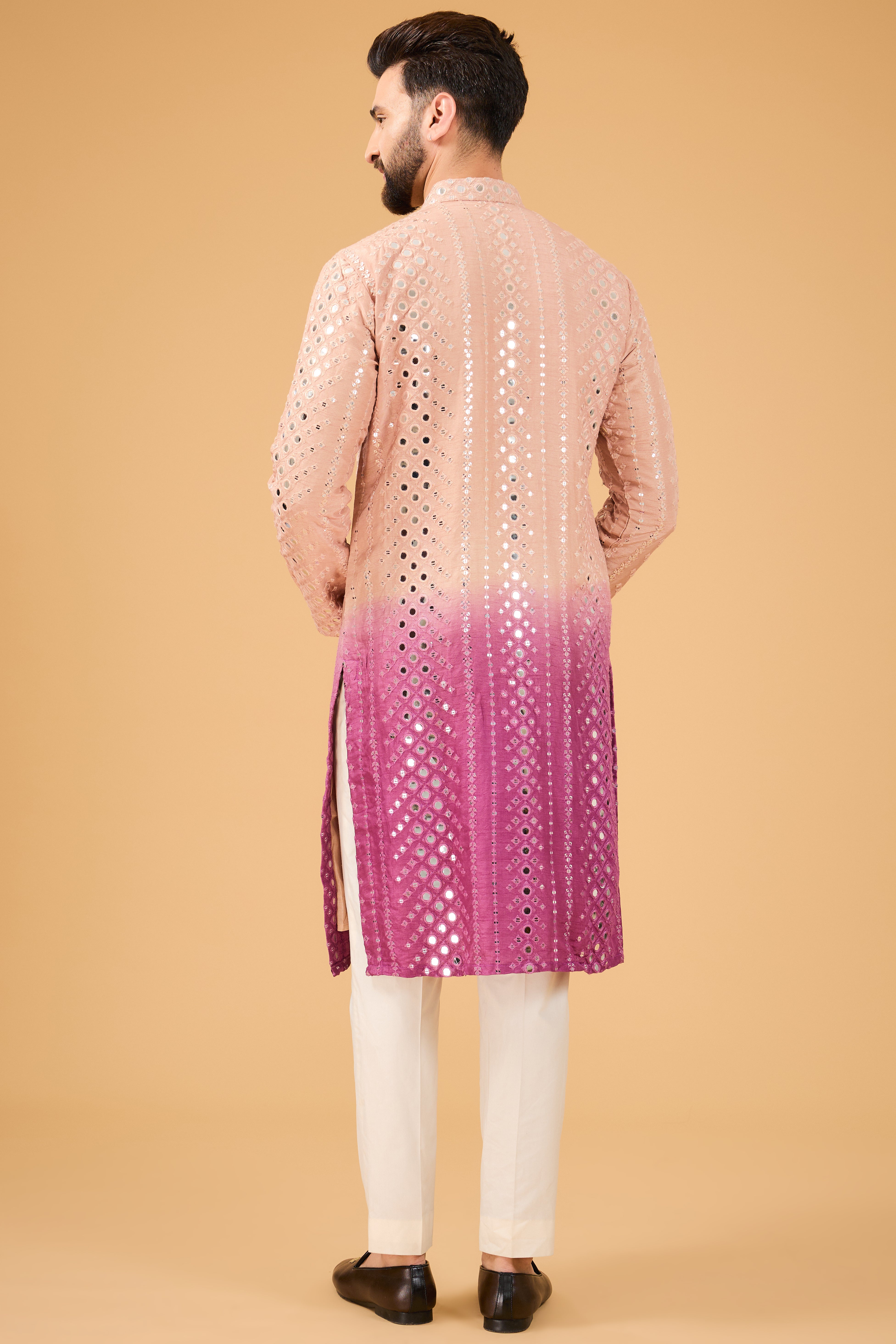 Nude Mauve Ombre Shaded Mirror Work Kurta - Elegant Embroidered Indian Tunic for Women, Perfect for Festivals, Weddings & Ethnic Occasions