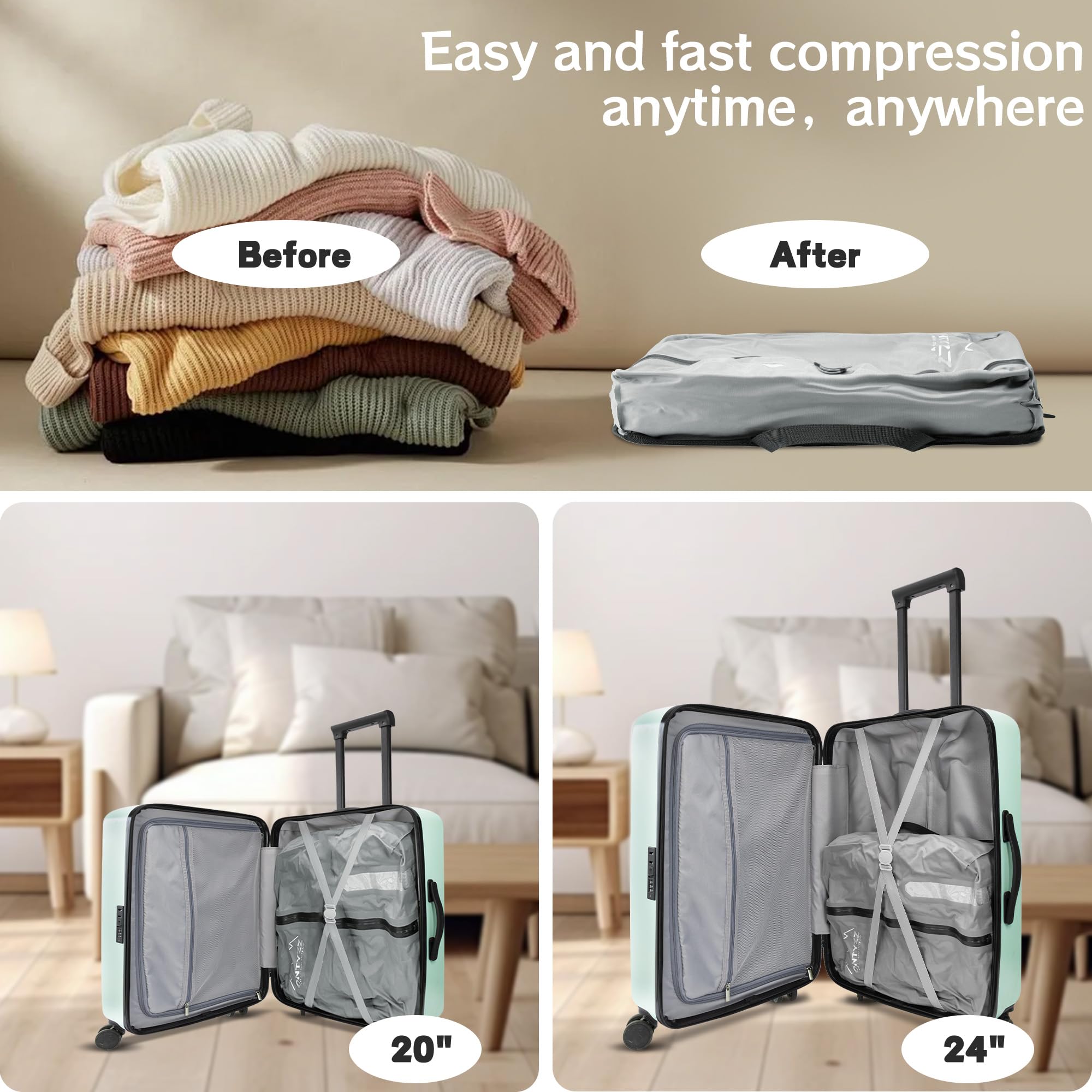 ONTYZZ Reusable Waterproof Travel Vacuum Compression Bags (2-Pack, Grey) - IP67 Waterproof Zipper, Space Saver for Suitcase & Luggage - Perfect for Travel, Moving & Closet Storage Organization