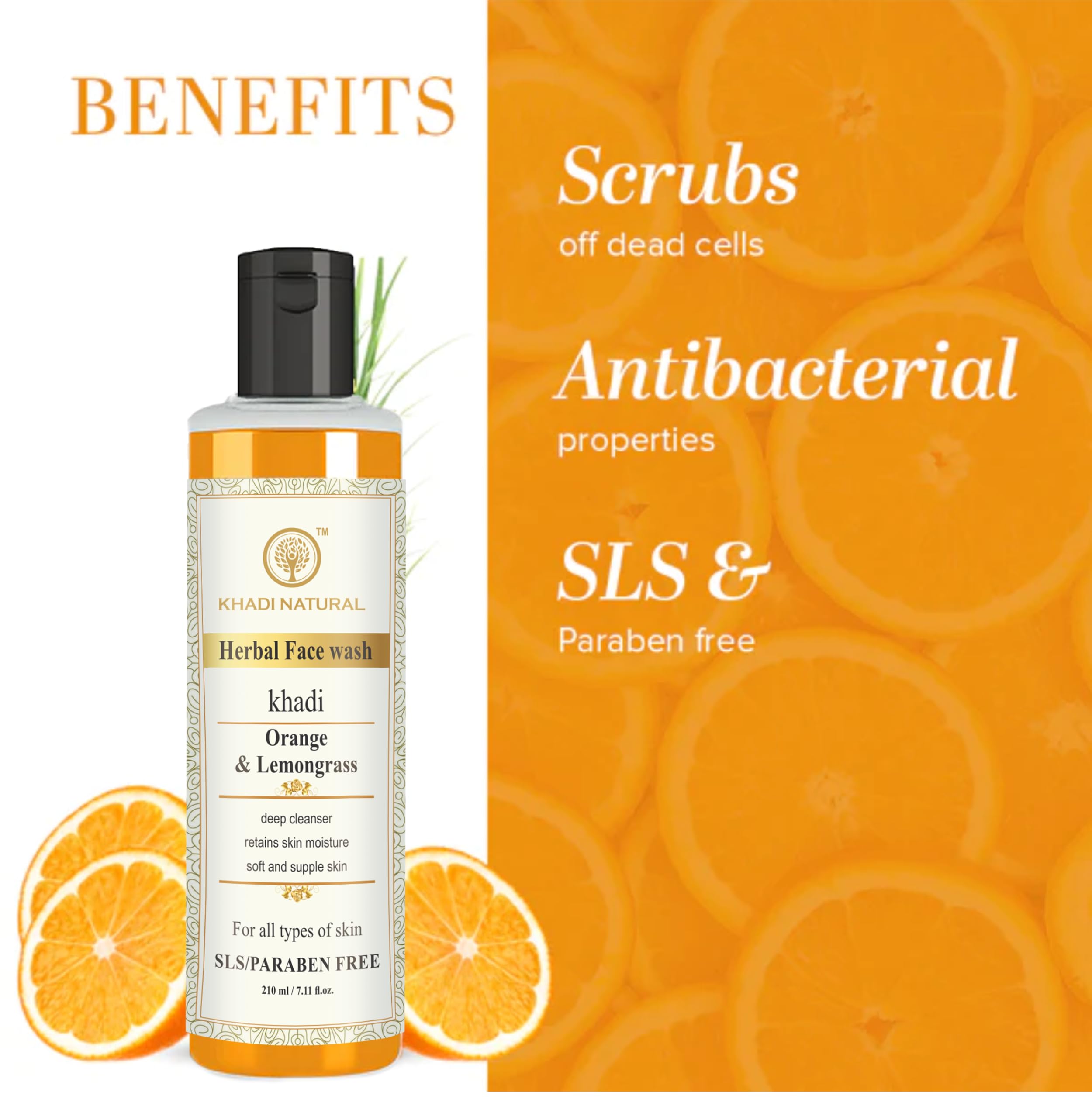 Khadi Natural Orange & Lemongrass Herbal Face Wash for Dry Skin | Organic, Paraben & SLS Free Cleanser | 210ml (Pack of 2) | Gentle Daily Face Wash for Healthy Glowing Skin | Perfect for Morning & Night Skincare Routine