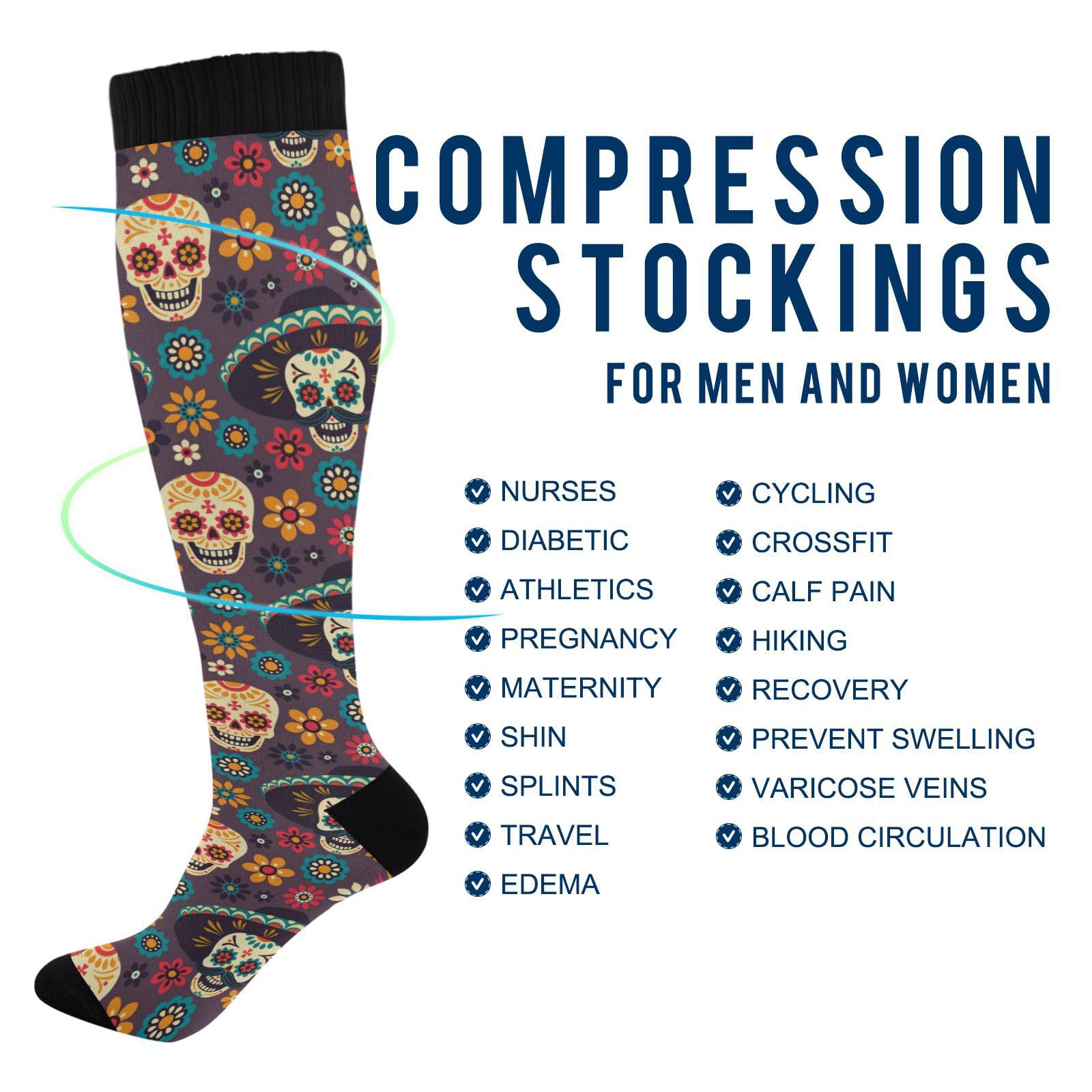 JUNZAN Sugar Skulls Knee High Compression Socks for Men & Kids - Running, Sports & Nurse Socks (One Size Fits Most) - Perfect for Halloween, Workouts & Medical Professionals