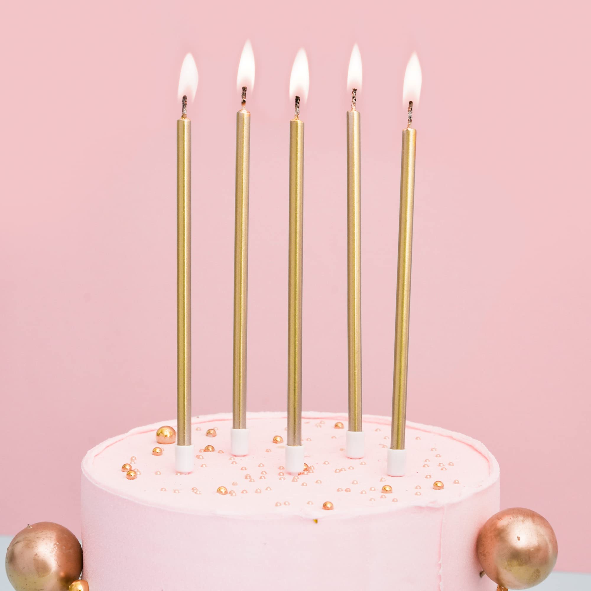 Bella Meri Champagne Gold Long Thin Metallic Birthday Candles - Elegant Cake Candles for Birthday Parties, Wedding Decorations & Special Celebrations | Perfect for Cakes, Cupcakes & Dessert Tables