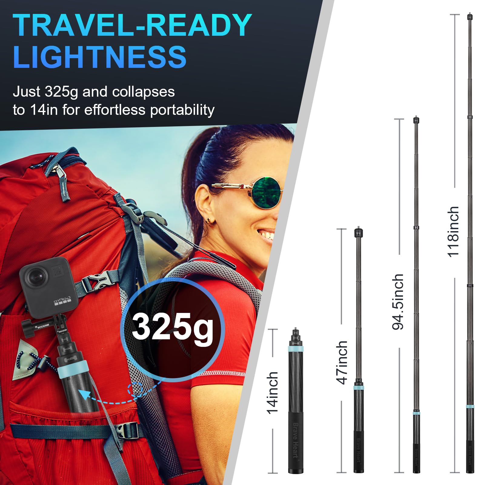 3M Carbon Fiber Extendable Selfie Stick (9.8ft/3M) - Invisible Tripod Mount for Insta360 X4/X3/X2/One RS R, GoPro Hero 13/12/11/10/9/MAX & DJI Osmo Action Cameras - Lightweight Camera Accessories for Travel Vlogging, Hiking & Outdoor Adventures (Grey)