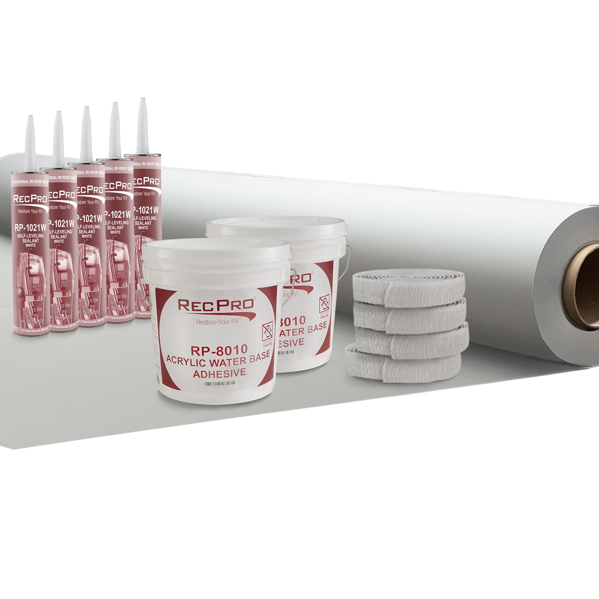 RecPro RV Extreme Duty Rubber Roof Repair Kit | 8.5' Wide | Self-Leveling Sealant & Butyl Tape Included | Light Gray | 30 Foot Kit | Made in USA | for RV Roof Leak Protection & Waterproofing