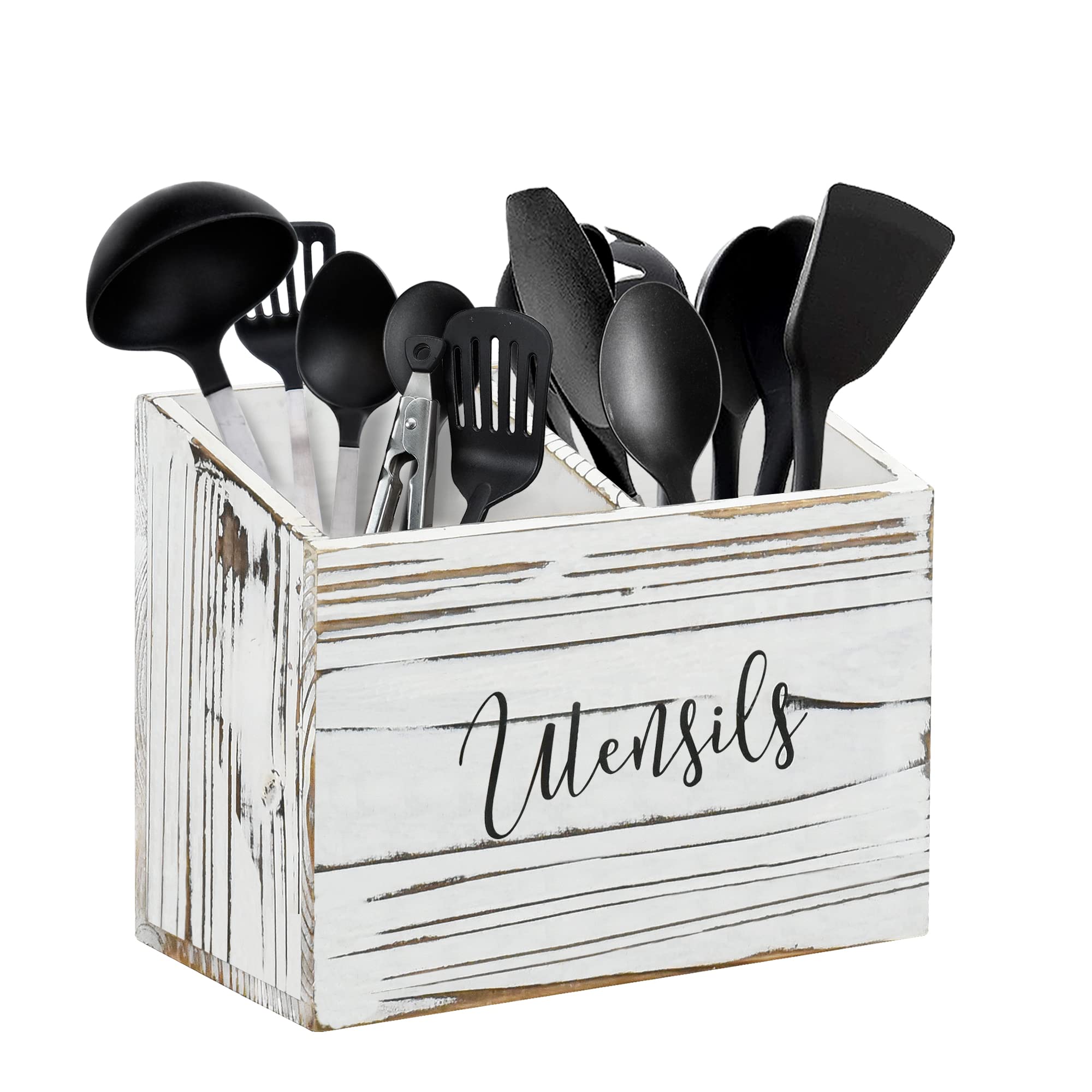 Wooden Utensil Caddy for Kitchen Countertop - 2 Compartment Organizer Holder with Rustic White Finish | Perfect for Spoons, Spatulas & Cooking Tools Storage