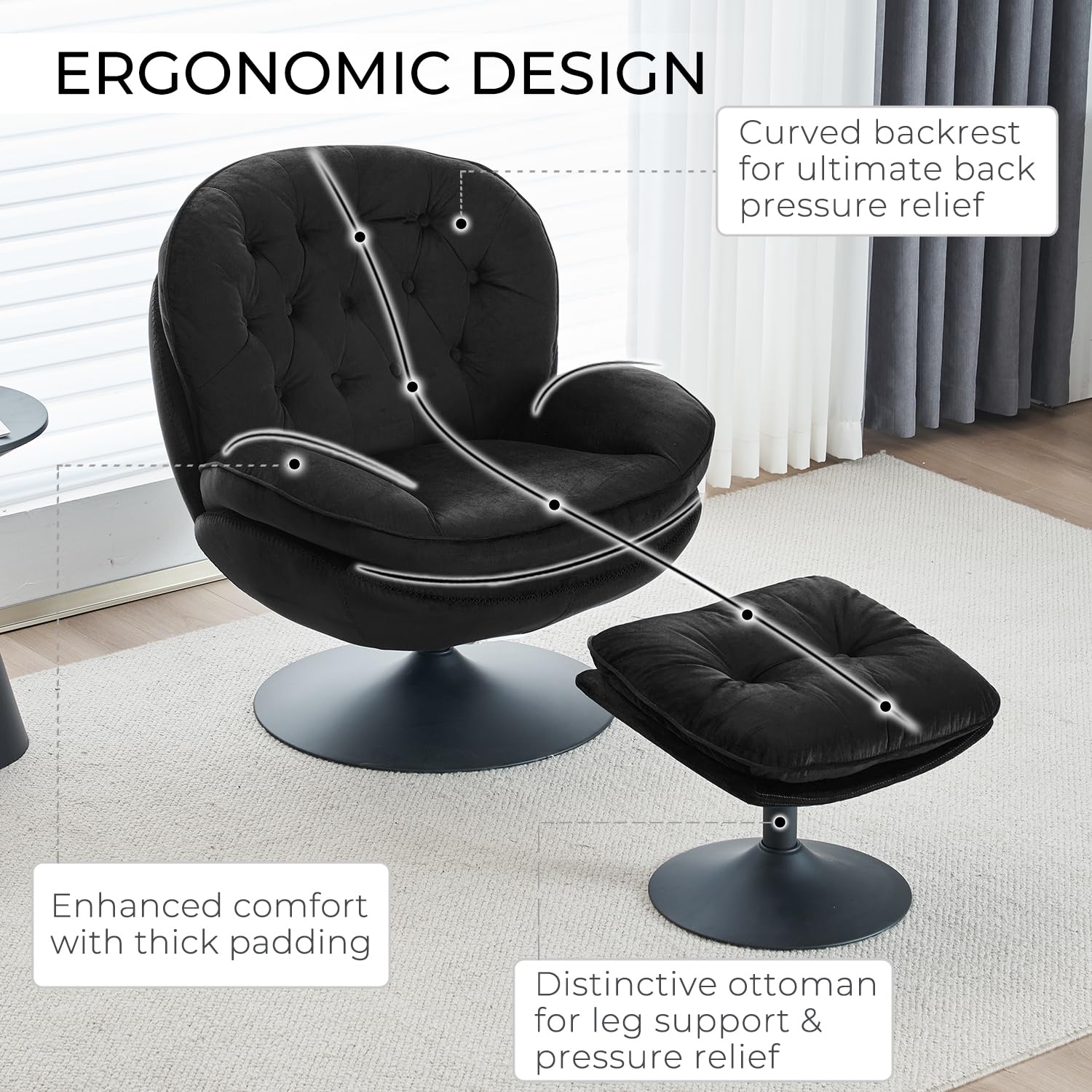 Velvet Swivel Accent Chair with Ottoman Set - Modern Tufted Armchair & Footrest for Living Room, Bedroom & Office - 360 Degree Rotating Lounge Chair for Reading, TV Watching & Relaxing - Soft Chaise Lounge Chairs for Adults (Black) - Perfect for Small Spaces, Apartments & Home Decor