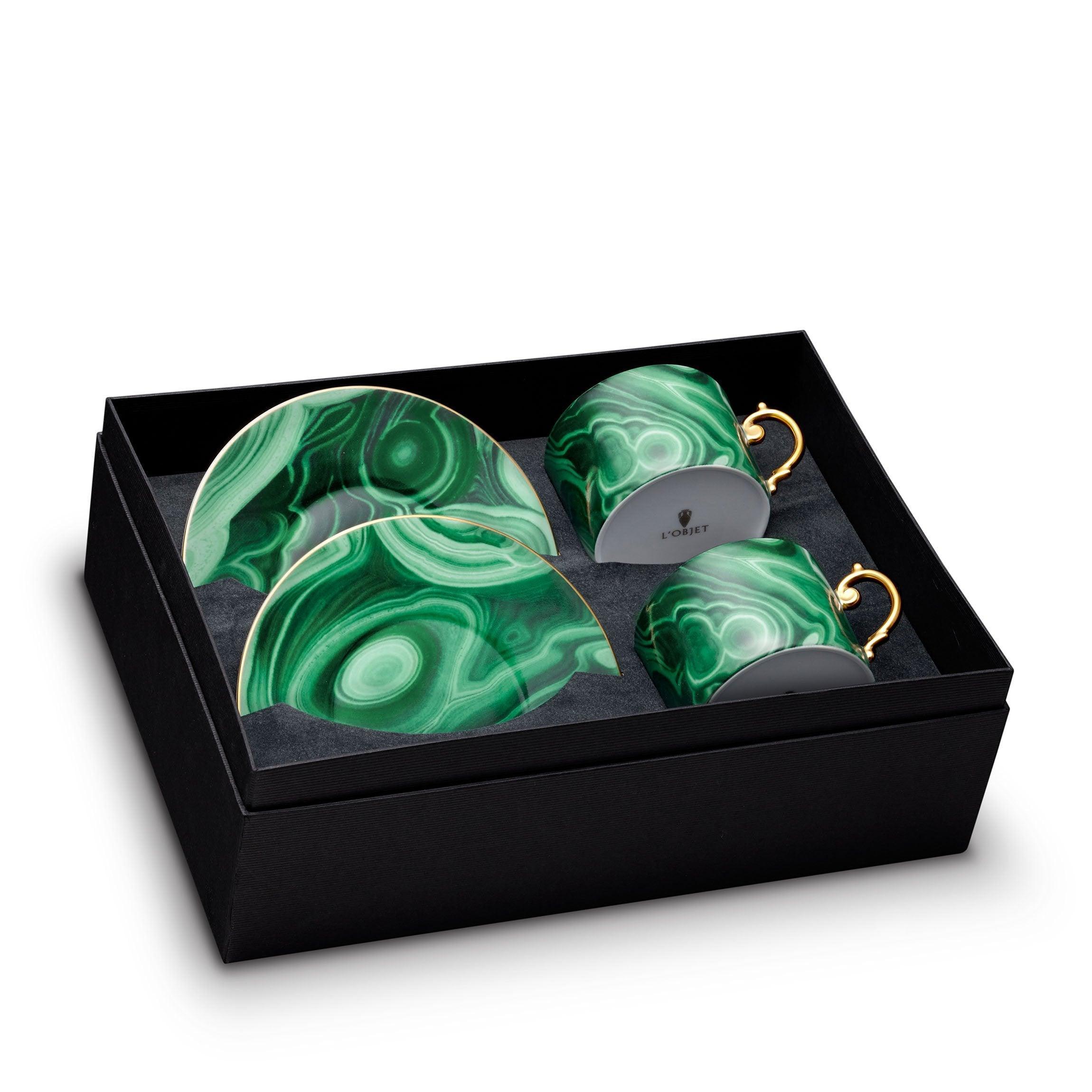 Premium Malachite Tea Cup and Saucer Set of 2 - Handcrafted Ceramic Tea Cups with Gold Trim - Perfect for Afternoon Tea, Gifts, and Home Decor