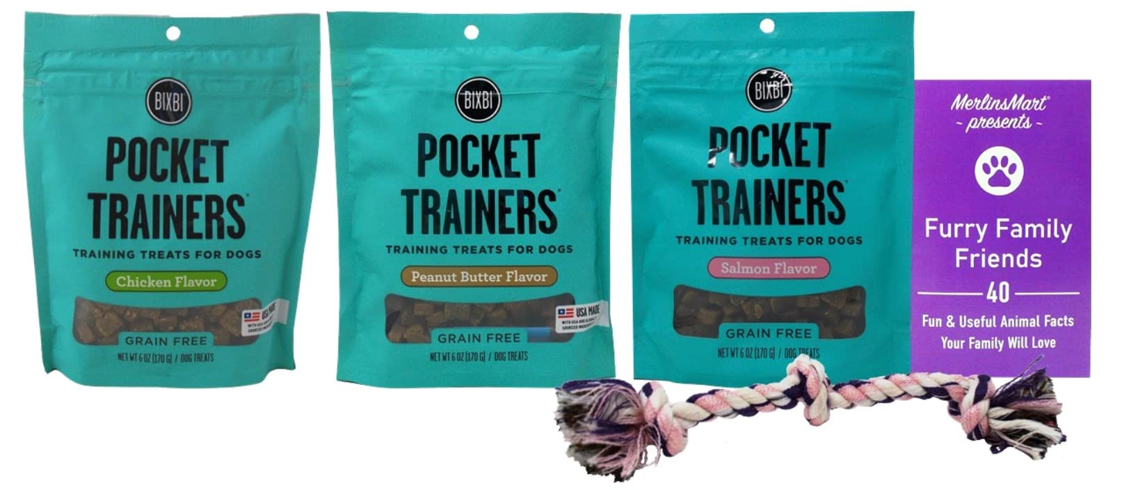 Bixbi Pocket Trainers Soft Moist Dog Training Treats Variety Pack - Chicken, Peanut Butter & Salmon (6oz) with Rope Toy & Fun Facts Booklet | Perfect for Outdoor Training, Obedience Classes & Reward-Based Learning