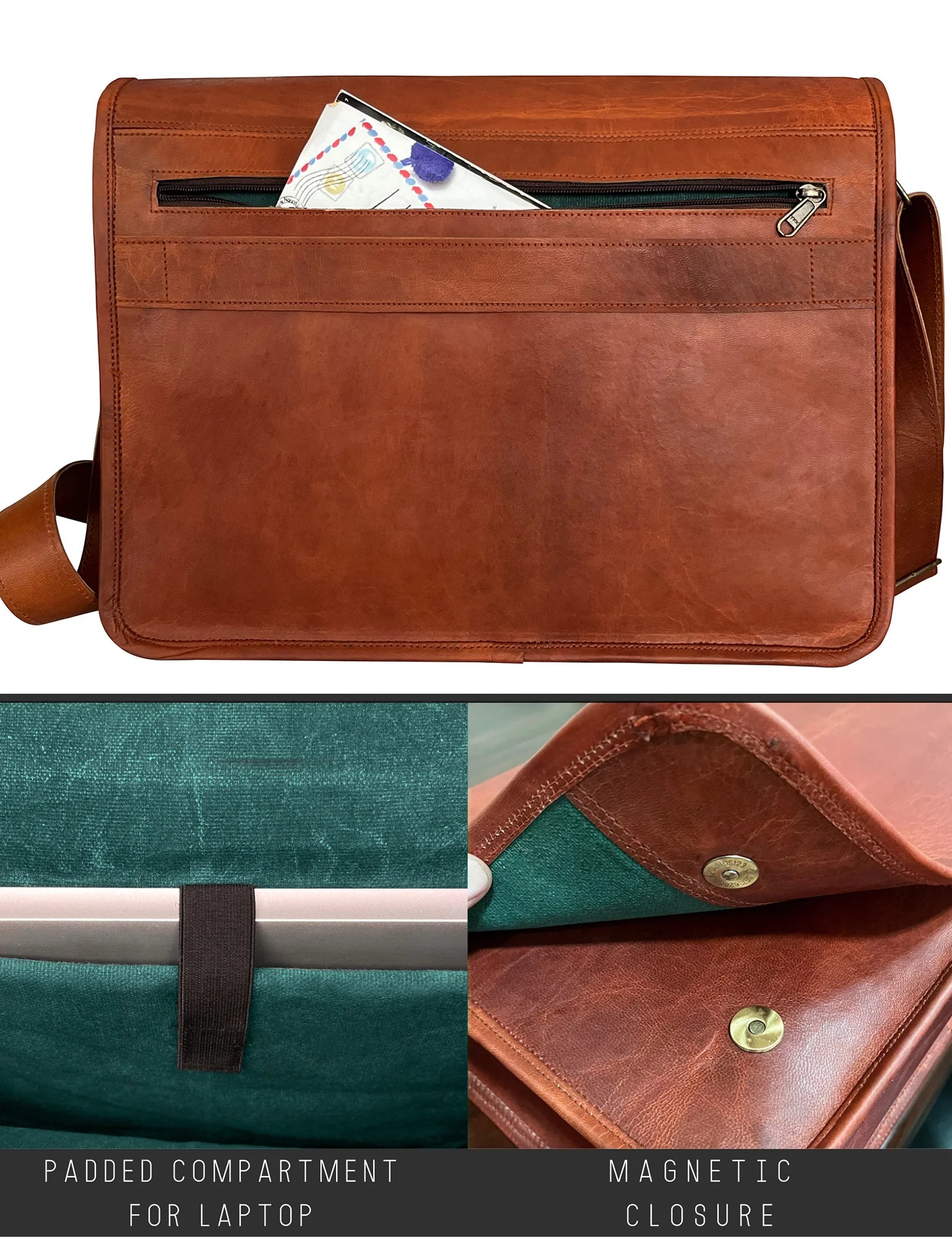 Premium Genuine Leather Messenger Bag for Men & Women - Crossbody Laptop Satchel Fits 14 Inch Notebook - Perfect for Work, Travel & Daily Commute