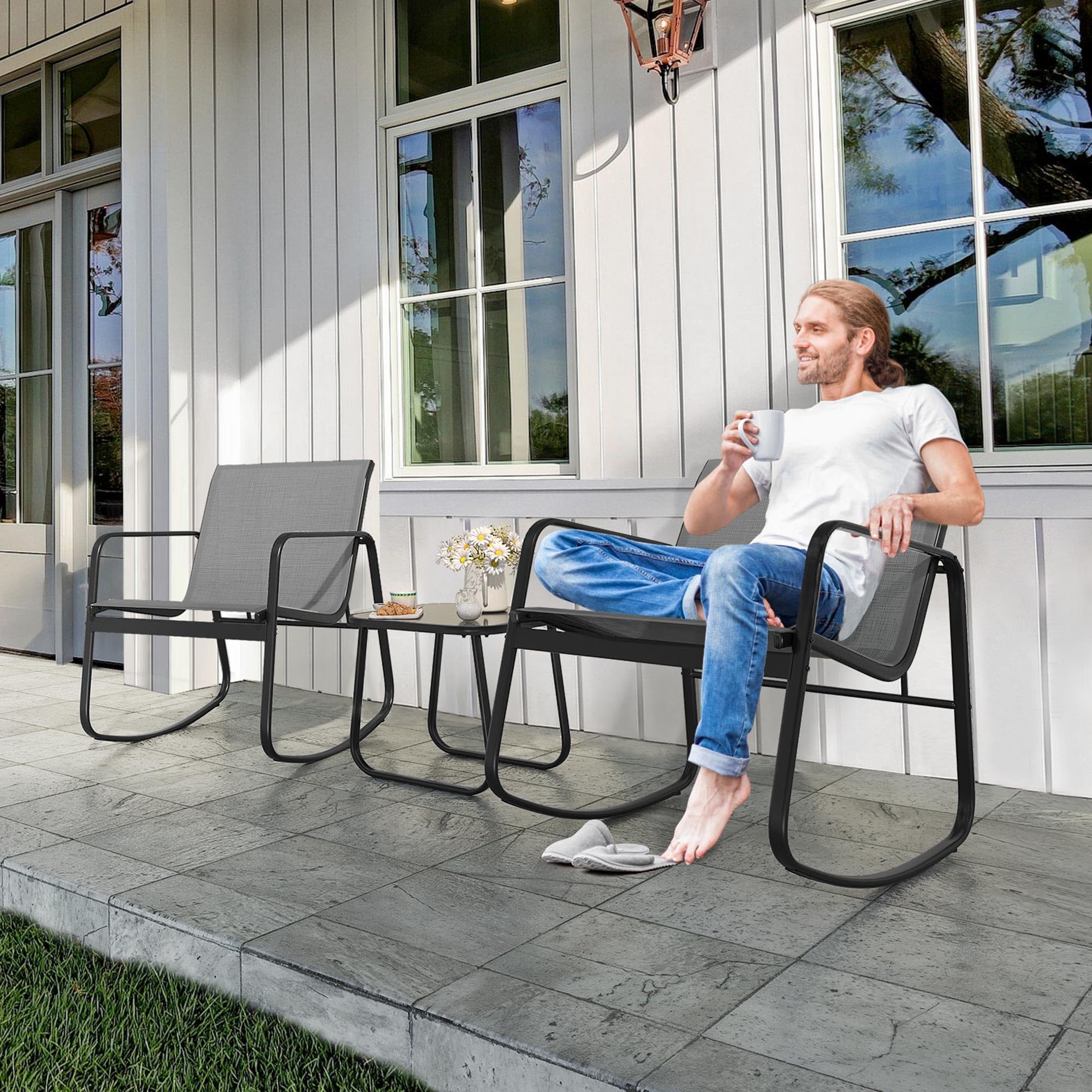 YITAHOME 3-Piece Patio Furniture Set - Small Outdoor Conversation Set with Textilene Fabric Bistro Rocking Chairs & Glass Table for Balcony, Backyard, Lawn, Porch, Garden, Poolside (Grey) - Perfect for Relaxing, Entertaining & Outdoor Dining