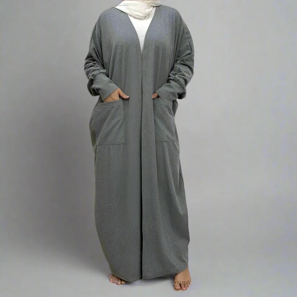 Muslim Women's Cotton Open Abaya Dress with Pockets - Winter & Fall Modest Cardigan for Prayer, Home & Outdoor Wear