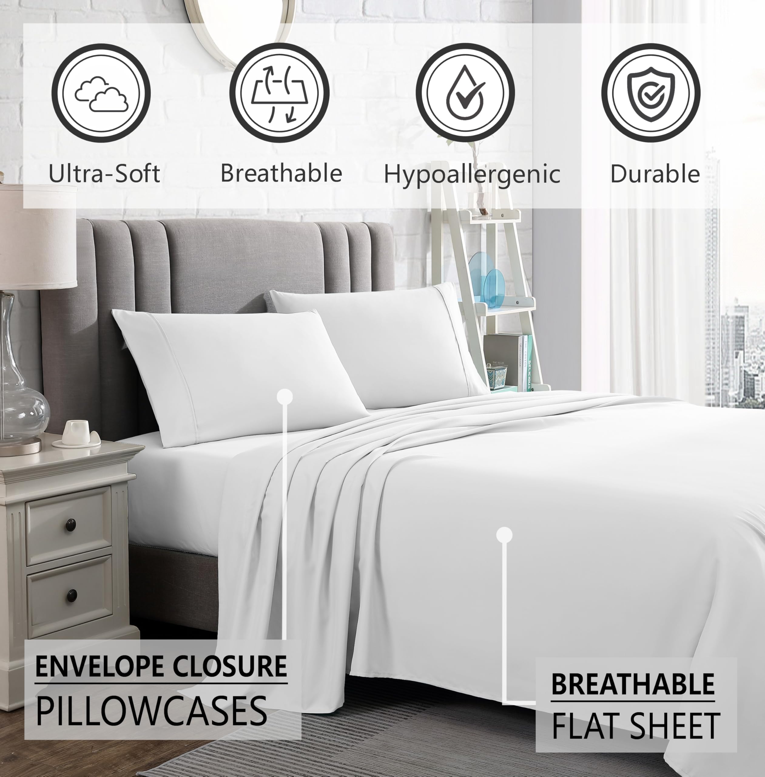 Premium King Size Sheet Set - 16-Inch Deep Pocket Ultra Soft Microfiber Bed Sheets - Breathable, Wrinkle & Fade Resistant - Easy Care 4-Piece Set (King, White) - Perfect for Luxury Bedrooms, Guest Rooms & Hotels