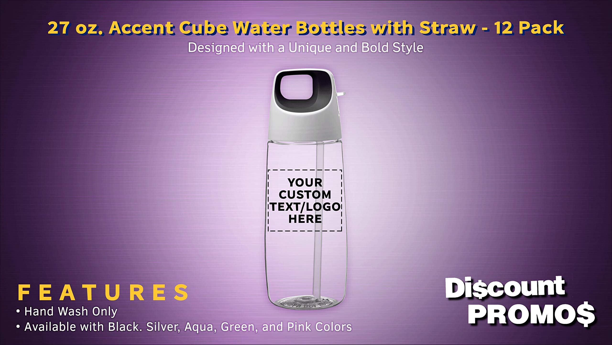 12 Pack 27oz Plastic Water Bottles with Straw - Custom Text & Logo - BPA Free Tritan Material - Accent Cube Design - Perfect for Gym, School & Outdoor Activities