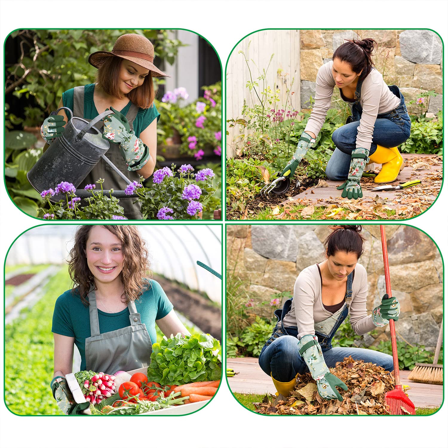 Durable & Comfortable Women's Gardening Gloves - Leather Long Garden Gloves for Yard Work, Planting & Outdoor Activities (Green Print, Medium) - Perfect for Weeding, Pruning & Landscaping