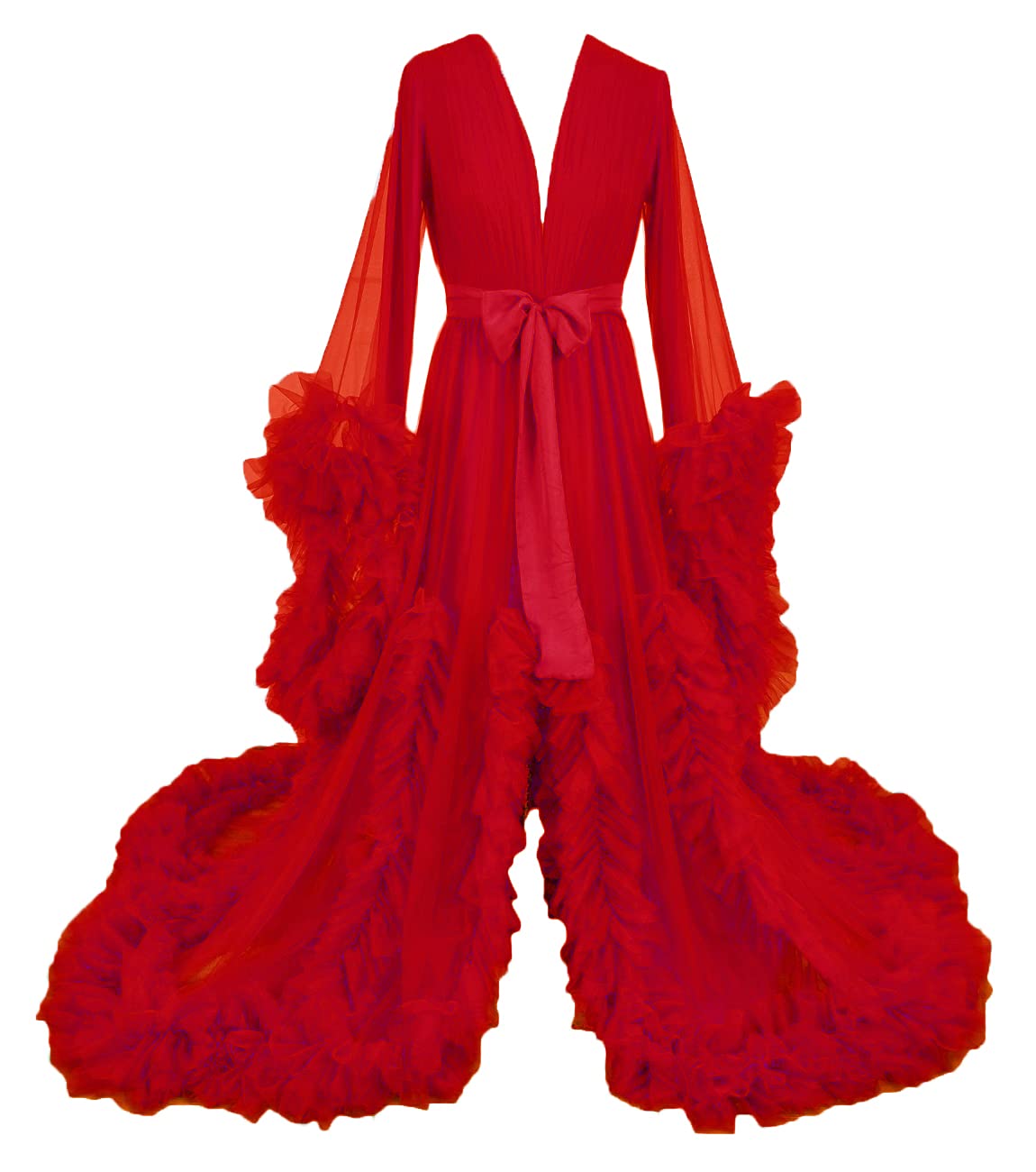 Elegant Long Wedding Scarf Illusion Nightgown with Feather Trim - Sexy Sheer Puffy Dress for Bridal Boudoir, Honeymoon & Romantic Occasions