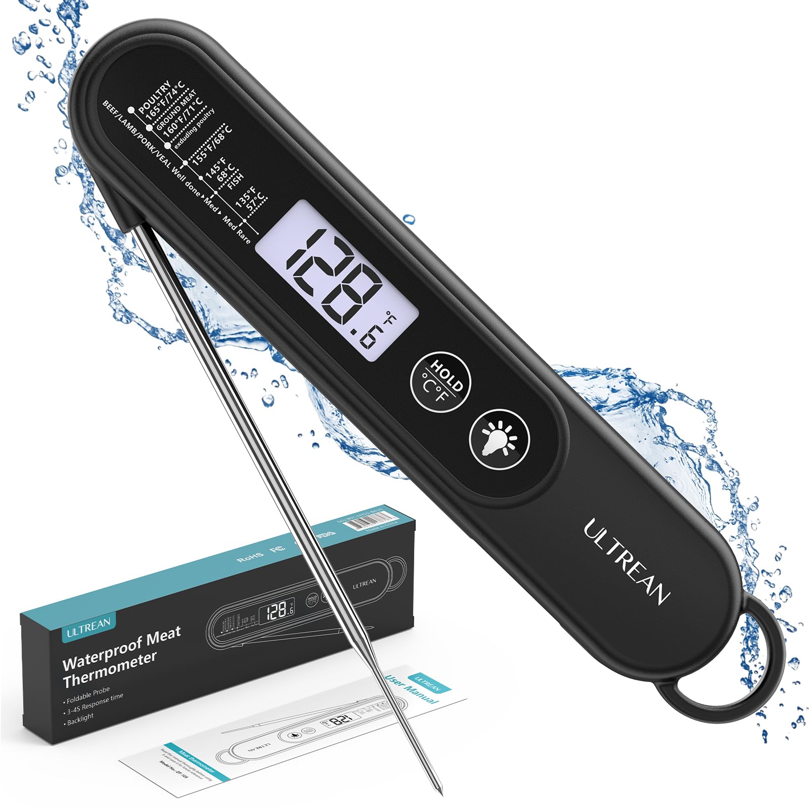 Ultrean Digital Meat Thermometer - Instant Read Food Thermometer with Backlight & Foldable Probe | Waterproof Kitchen Thermometer for BBQ, Grilling, Frying, Baking & Candy Making | Perfect for Home Cooks, Chefs & Outdoor Cooking