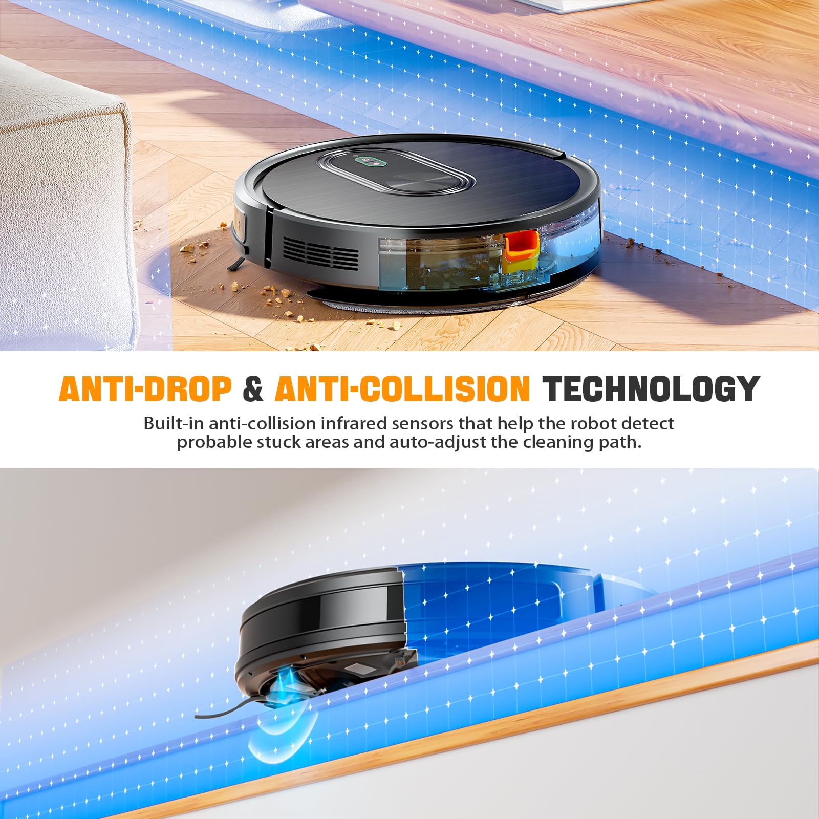 Smart Robot Vacuum and Mop Combo 3-in-1 - 1600Pa Strong Suction, Self-Charging, App/Bluetooth/Remote Control - Slim Design for Hard Floors, Pet Hair & Carpets - Perfect for Daily Home Cleaning & Pet Owners