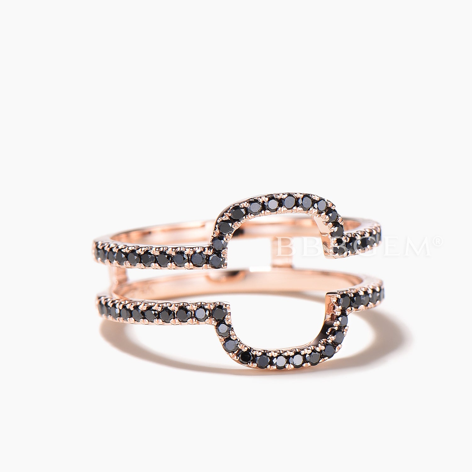 Exquisite Round Cut Black Spinel Double U Curved Wedding Band Ring Enhancer in Rose Gold | Perfect for Bridal Stacking, Anniversary Gifts & Special Occasions