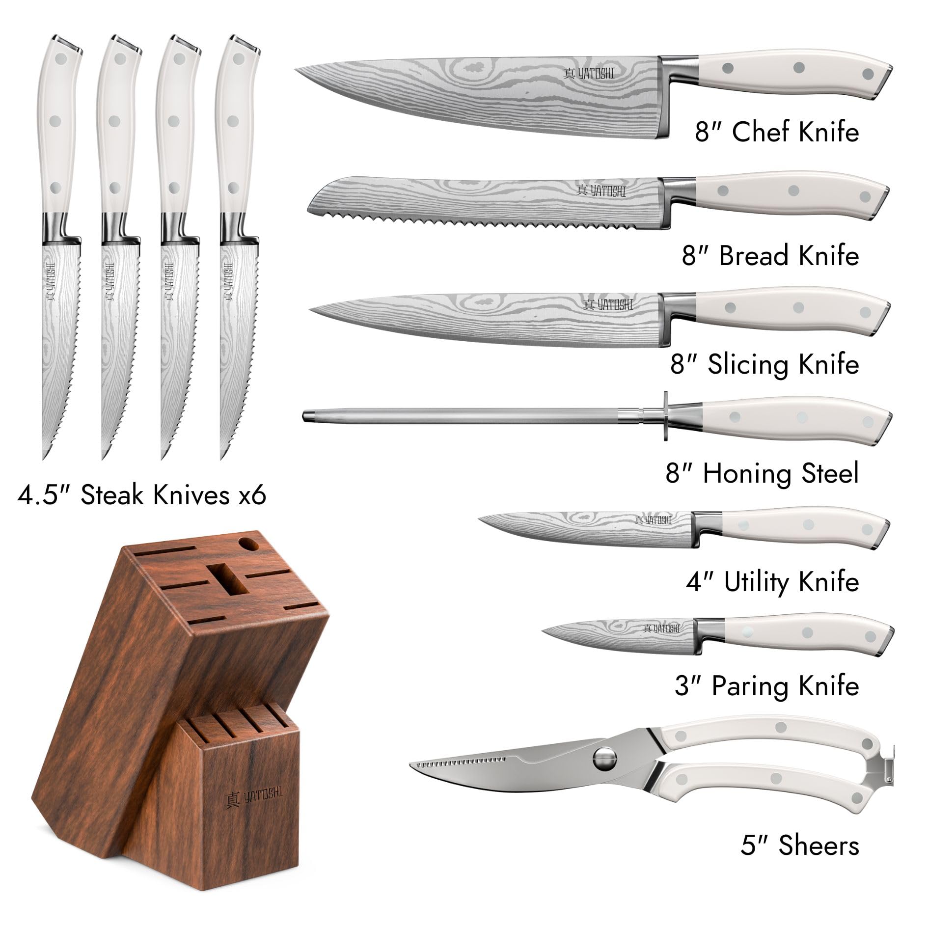 Yatoshi 12-Piece White Knife Block Set - Professional Ultra Sharp High Carbon Stainless Steel Kitchen Knives with Ergonomic Handle | Perfect for Home Chefs, Cooking Enthusiasts & Restaurant Use