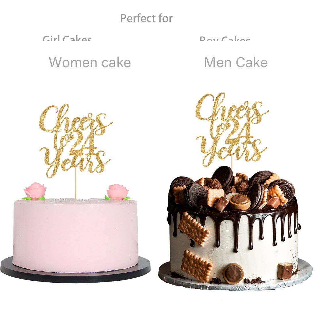 Gold Glitter Cheers to 24 Years Cake Topper | Happy 24th Birthday Party Decorations | Cake Decor Supplies for Anniversary Celebrations & Special Occasions