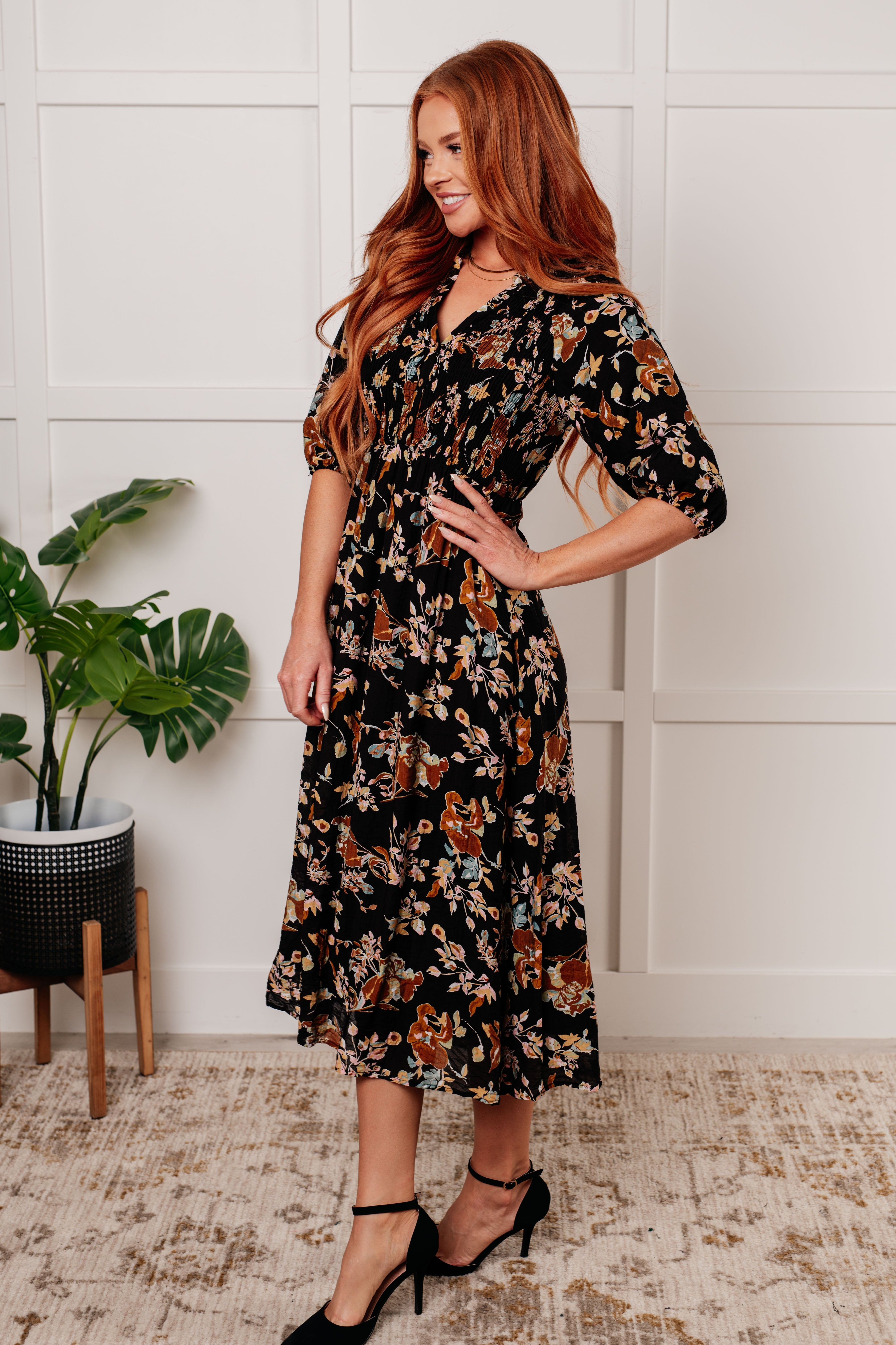 Look My Way Smocked Bodice Button Down Dress - Women's Elegant Floral Summer Dress for Casual Outings, Date Nights & Special Occasions