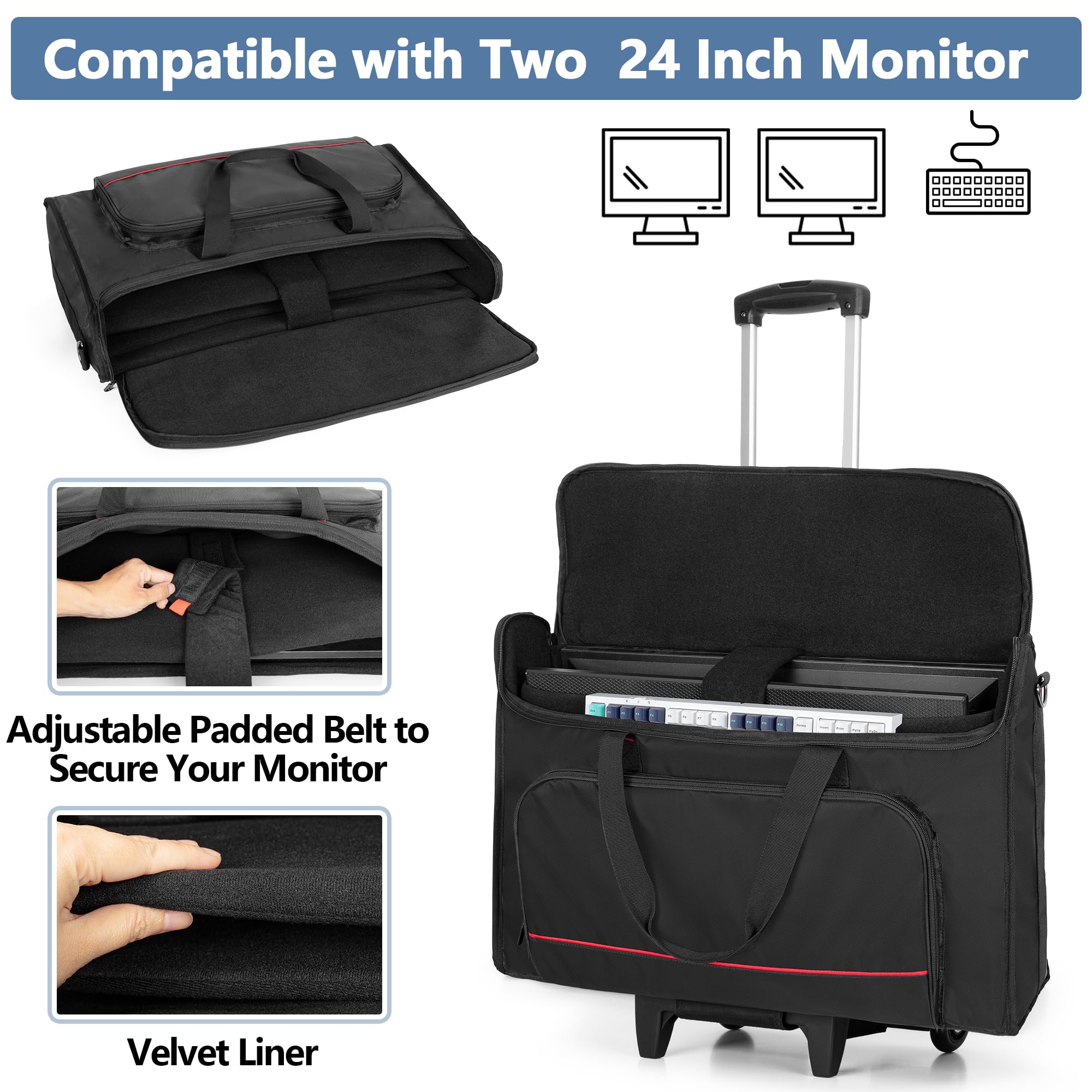 Trunab Rolling Monitor Carry Case for 24 Inch Monitors - Padded LCD Screen Travel Bag with Detachable Trolley, Holds 2 Screens/TVs & Accessories (Black) - Perfect for Office Moves, Trade Shows & AV Equipment Transport