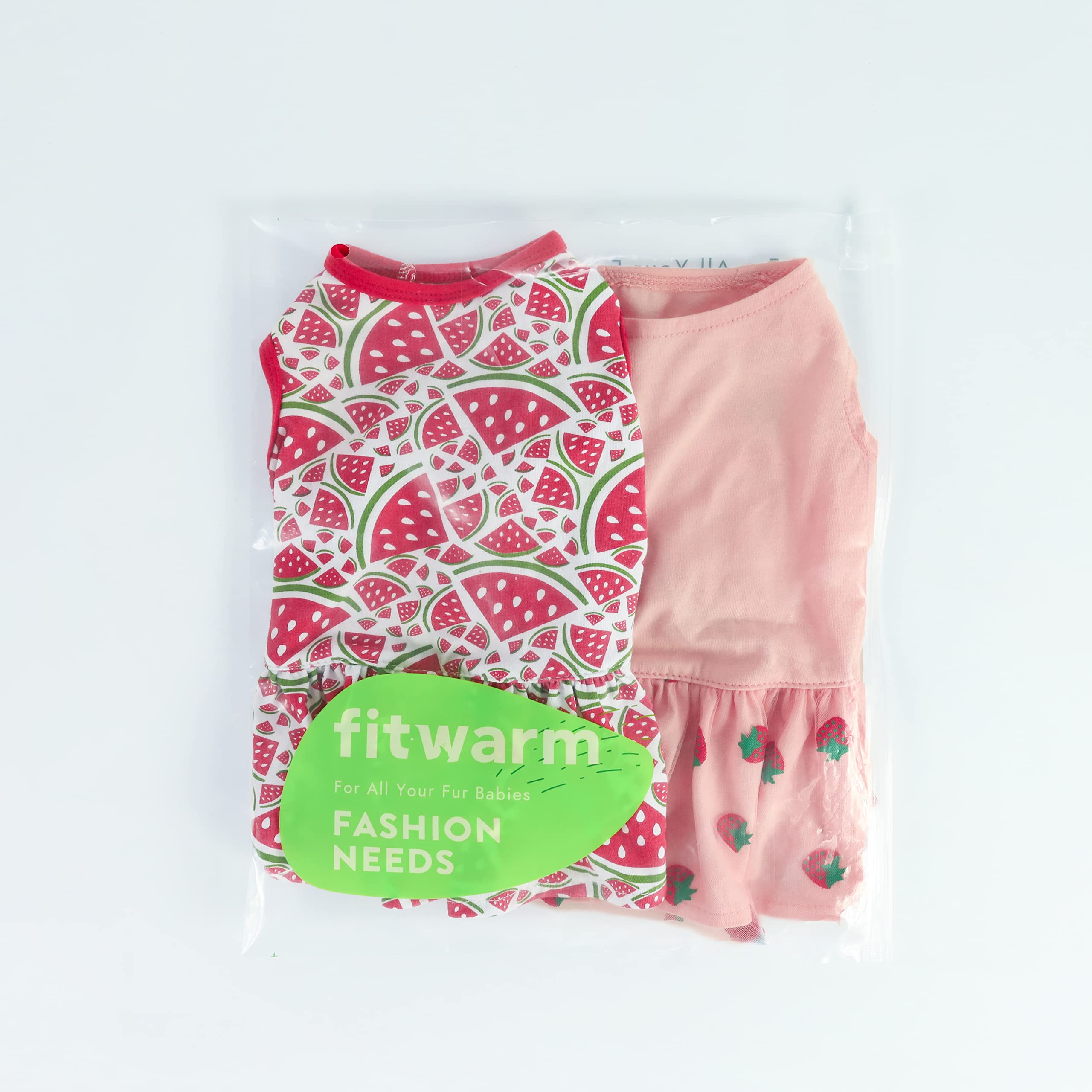 Fitwarm 2-Pack Summer Fruit Print Dog Tulle Dresses - 100% Cotton Pet Clothes for Small Dogs & Cats - Red & Pink Outfits - Perfect for Parties, Photos & Special Occasions