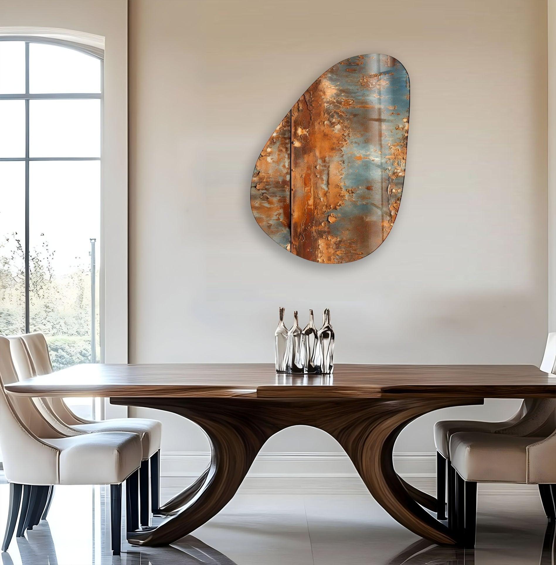 Modern Asymmetrical Oval Abstract Rusty Glass Wall Art Decor - Handmade Rustic Home & Office Decoration for Living Room, Bedroom, or Dining Area