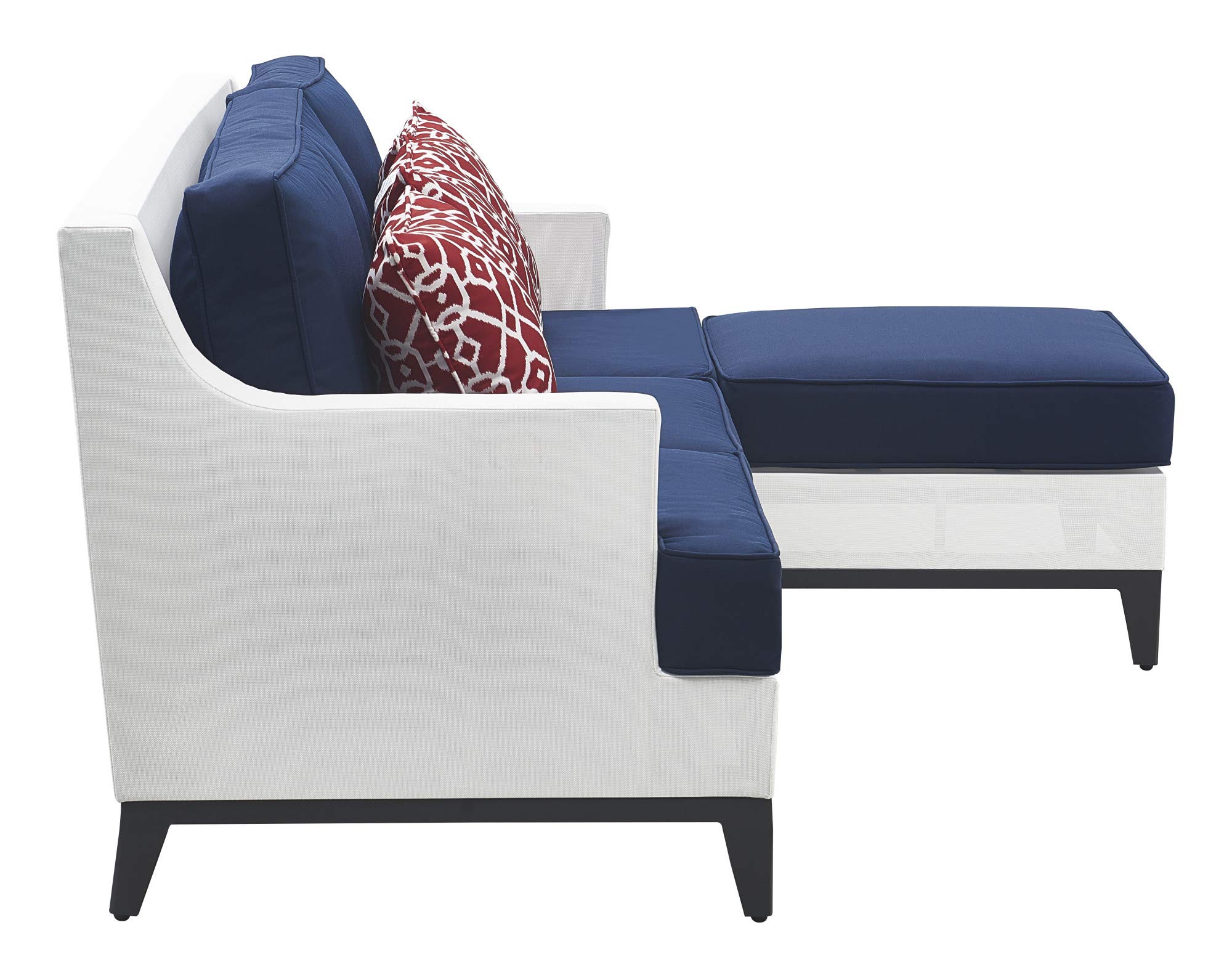 Tommy Hilfiger Hampton Modern White Mesh Outdoor Patio Furniture Set - Gunmetal Frame Sectional Sofa with White & Navy Cushions - Perfect for Backyard, Poolside & Garden Relaxation