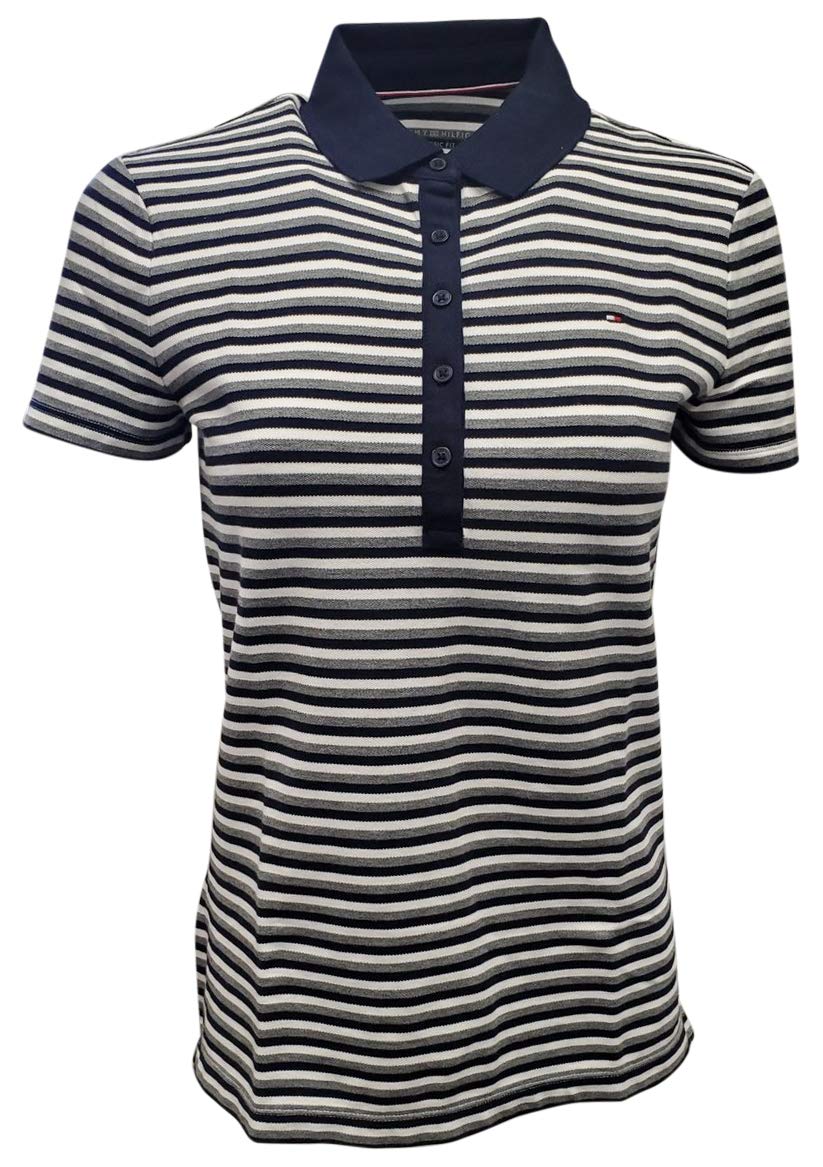 Tommy Hilfiger Women's Classic Fit Logo Polo T-Shirt - X-Small, Navy/White/Grey Stripes | Casual & Work Wear | Perfect for Office, Golf & Everyday Outfits