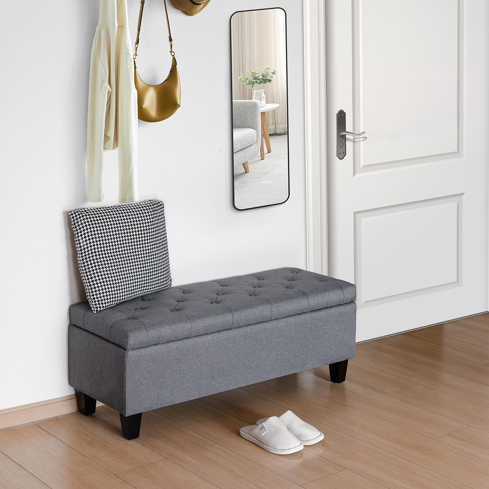 Redlife Storage Ottoman Bench with Solid Wood Legs - Button Tufted Fabric Storage Ottoman for Bedroom, Living Room & Entryway - 330 LBS Capacity with Safety Hinge - Perfect for Extra Seating, Blanket Storage & Shoe Organization (Gray)