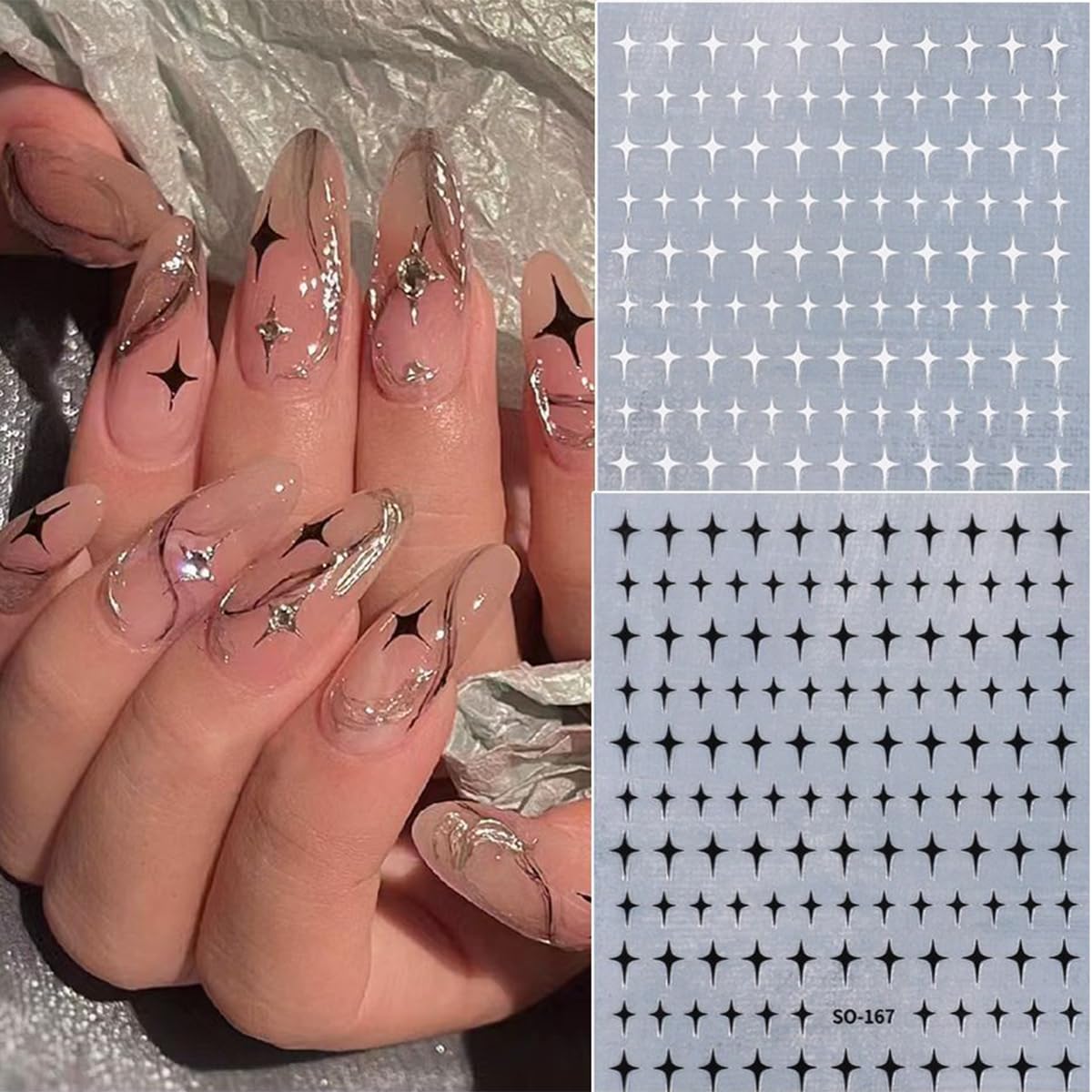 3D Glitter Star Nail Stickers - Self-Adhesive Nail Art Decals with Rhinestones (6Pcs, Gold/Silver/Black/White) | Perfect for Manicure, Nail Design & DIY Nail Art | Great for Parties, Weddings & Special Occasions