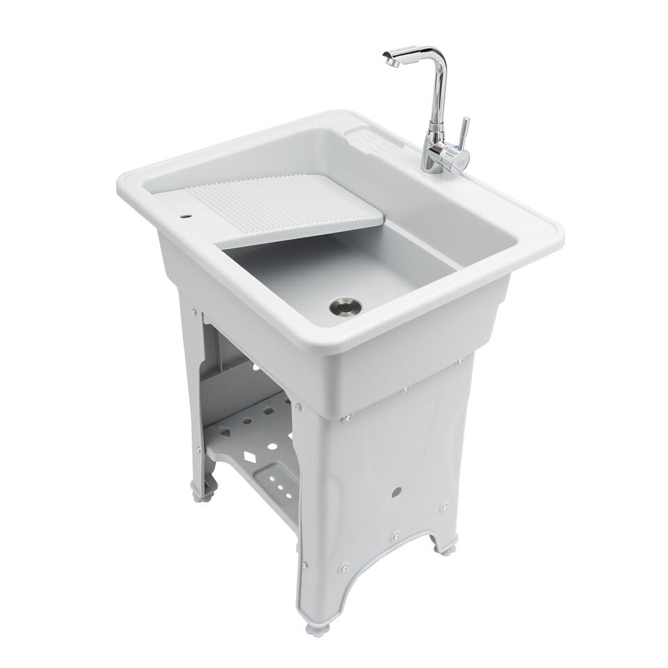 Freestanding Plastic Utility Sink with Faucet - Deep Recessed Laundry Sink Kit with Hose & Drain - Heavy Duty Plastic Basin for Laundry Room, Basement, Garage & Outdoor Use - Perfect for Washing Clothes, Cleaning Tools & Gardening Tasks (60 Models)