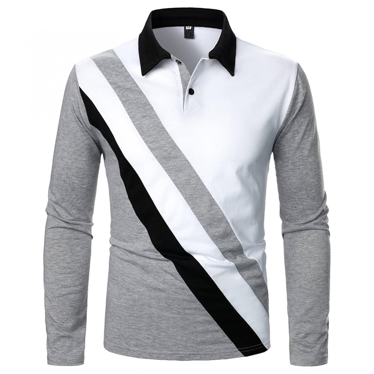 JSPOYOU Men's Slim Fit Stripe Golf Polo Shirt - Long Sleeve Contrast Color Business Casual Shirt for Golf, Tennis & Fishing (Gray) | Office Wear & Outdoor Sports