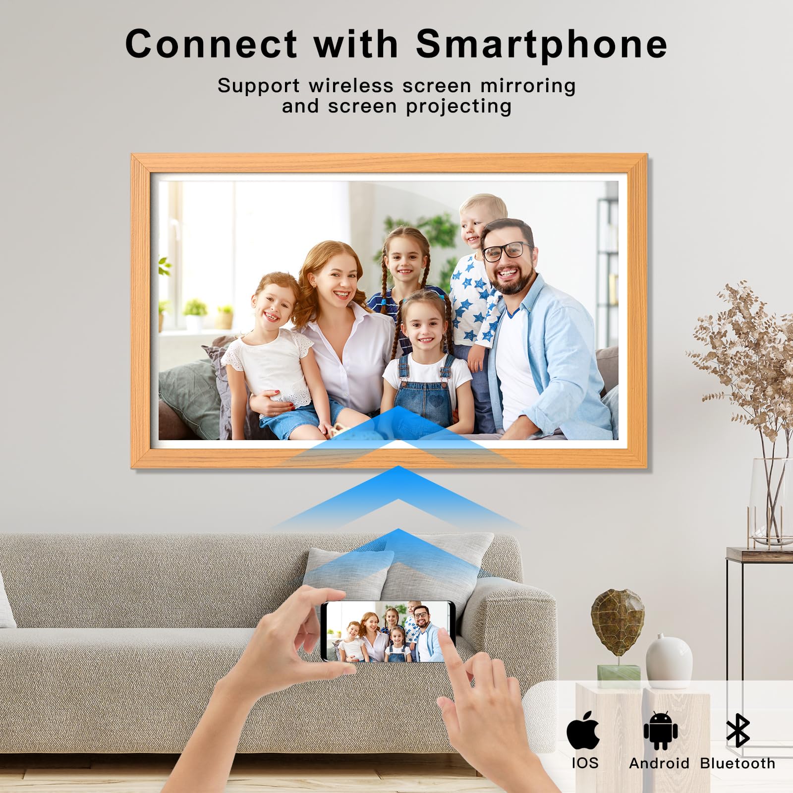 21.5-inch Smart Digital Picture Frame with 1920x1080 IPS Screen - Wireless Photo Sharing via App, Phone Mirroring, Perfect Gift for Family (Wood Effect) - Display Memories in Living Room, Bedroom or Office