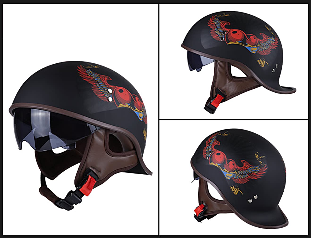 German Style DOT Approved Motorcycle Half Helmet for Men & Women - UV Visor, Vintage Skull Cap Design - Perfect for Scooter, Moped & Cruiser Riders - Ideal for Urban Commuting & Leisure Riding