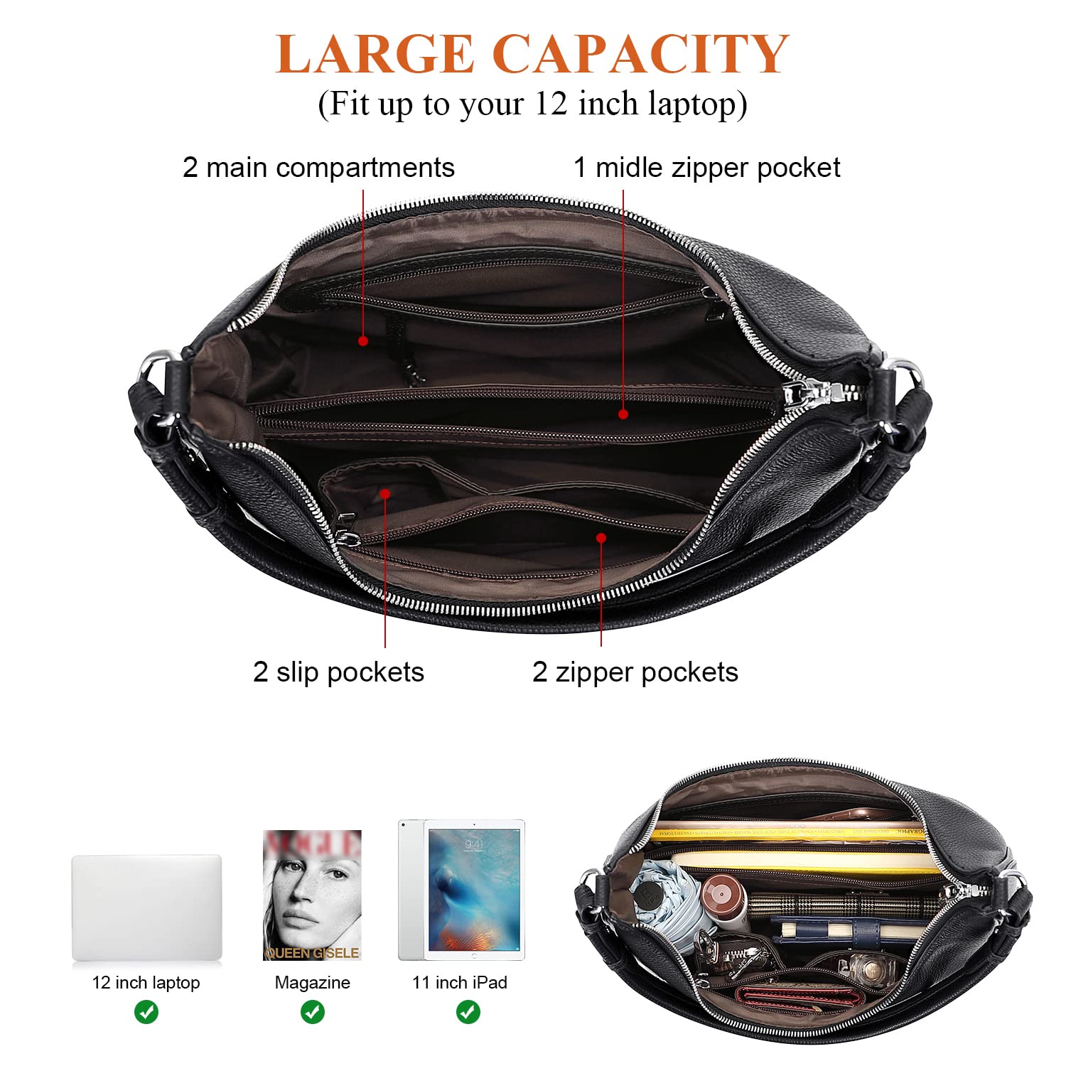 Genuine Leather Hobo Bags for Women - Soft Medium Shoulder Purse & Handbag - Stylish Casual Everyday Use for Work, Shopping & Travel