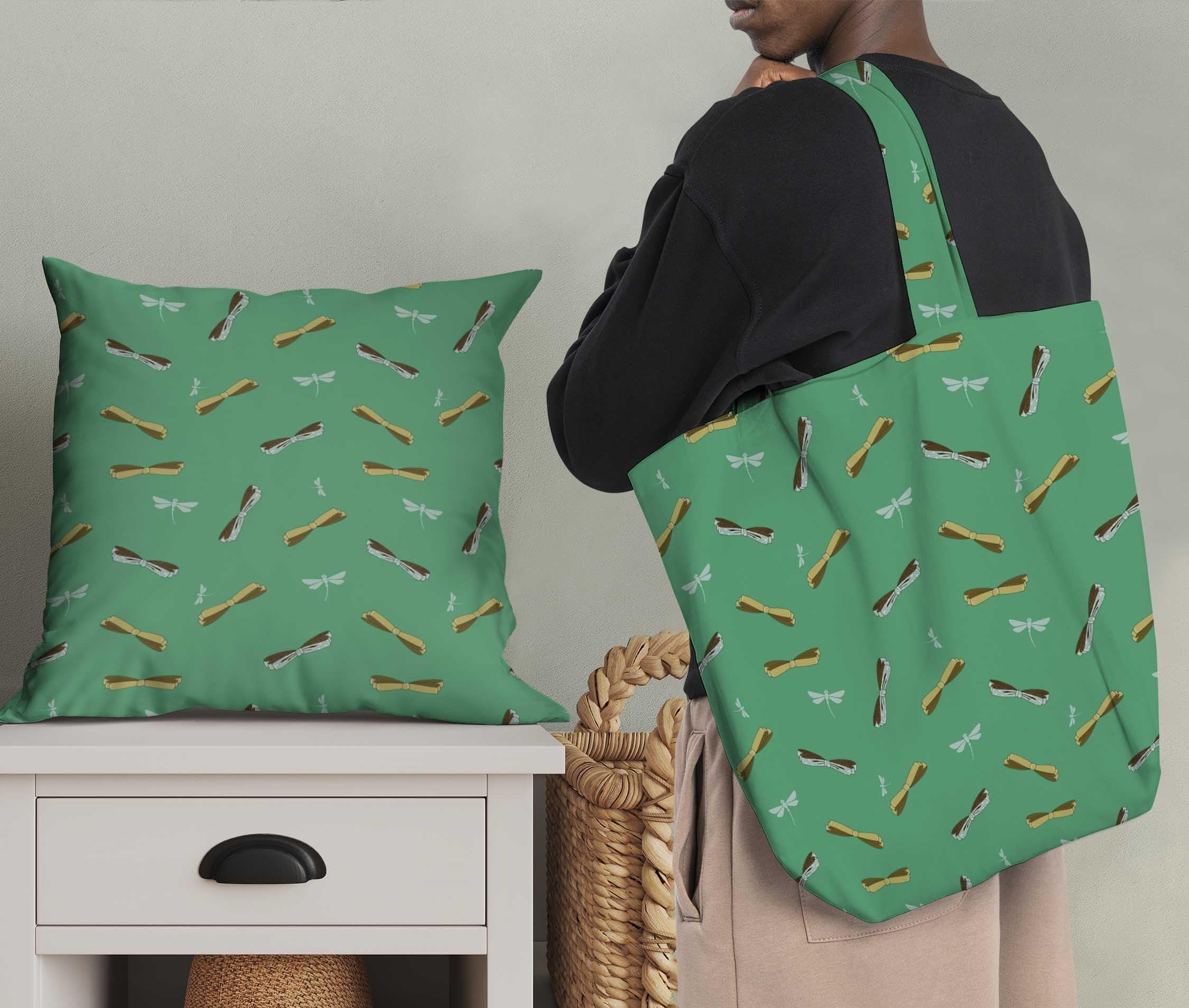 Soimoi Moss Green Georgette Fabric by The Yard - 42 Inch Wide - Bow & Dragonfly Printed Textile for Fashionable Creations - Whimsical Chic Dressmaking & DIY Crafting Material - Perfect for Dresses, Scarves, Home Decor & Sewing Projects