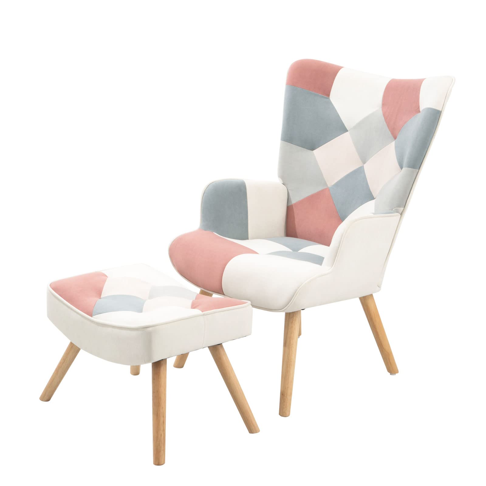 HomVent Contemporary Accent Chair with Ottoman - Modern Patchwork Fabric Upholstered Armchair with Solid Wood Legs, Colorful Living Room Seating & Footstool Set - Perfect for Home, Office, or Reading Nook (Pink)
