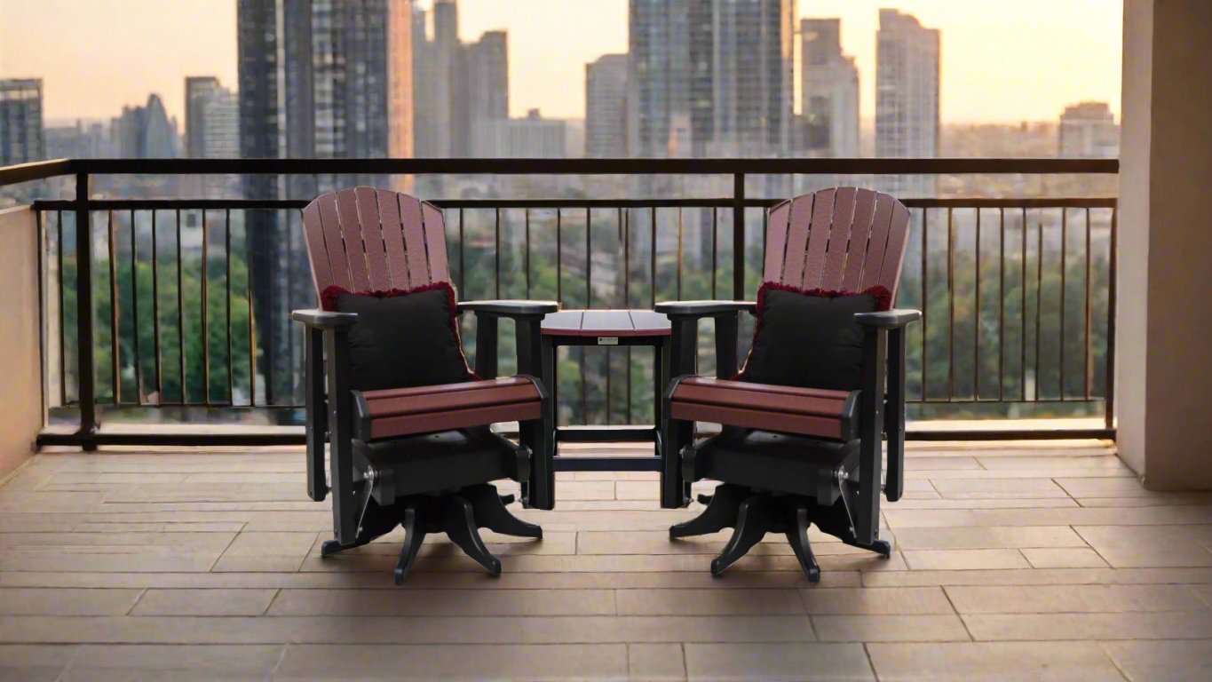 Fanback Swivel Gliders & Oval Side Table Set with 2 Fringe Pillows | Garnet & Black Collection | Patio, Garden & Outdoor Lounge Furniture for Relaxation