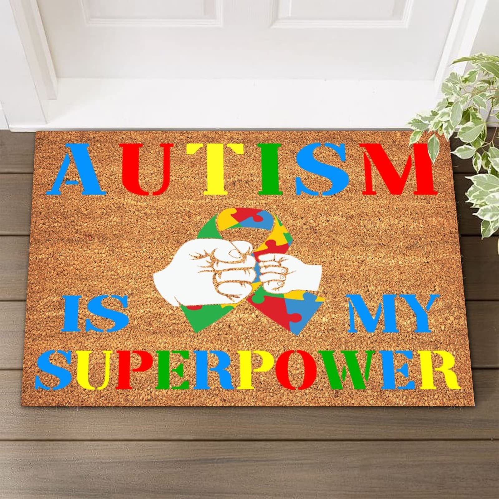 Natural Coir Doormat 24x36in with Vinyl Backing - Autism Awareness 'My Super Power' Design for Outdoor Entrance, Perfect for Autistic Child Support & Front Door Decor - Ideal for Homes, Schools & Therapy Centers