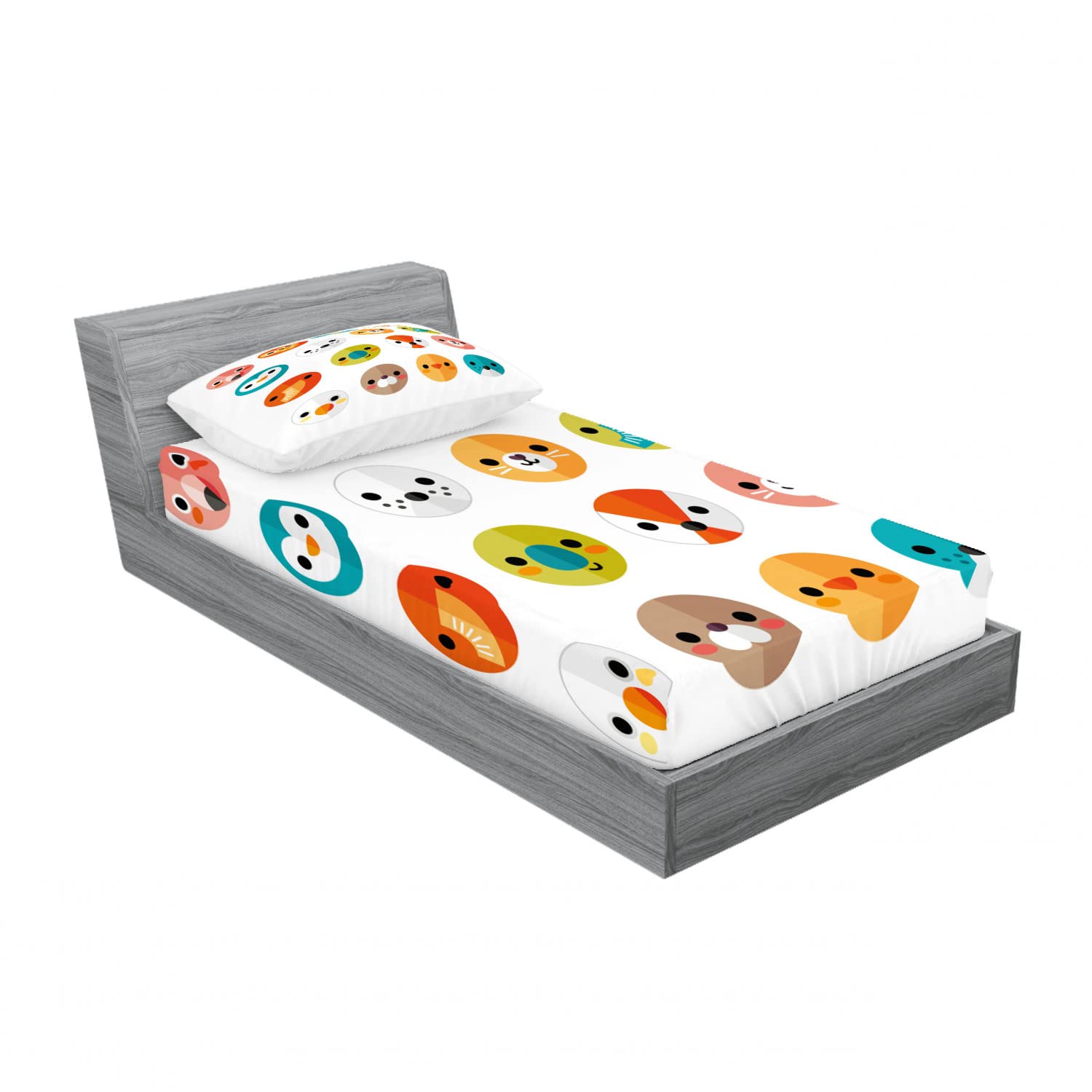 Ambesonne 2-Pack Cartoon Animal Twin Fitted Sheets & Pillow Sham Set - 4 Piece Bedding Collection with Funny Animal Print & Solid Back - Perfect for Kids' Rooms, Dorm Decor & Themed Bedrooms