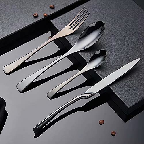 24-Piece Stainless Steel Silverware Set - 304 Grade Knife Fork Spoon Cutlery for Wedding, Dinner Party & Everyday Use - Elegant Black Tableware Set for Home & Restaurant Dining