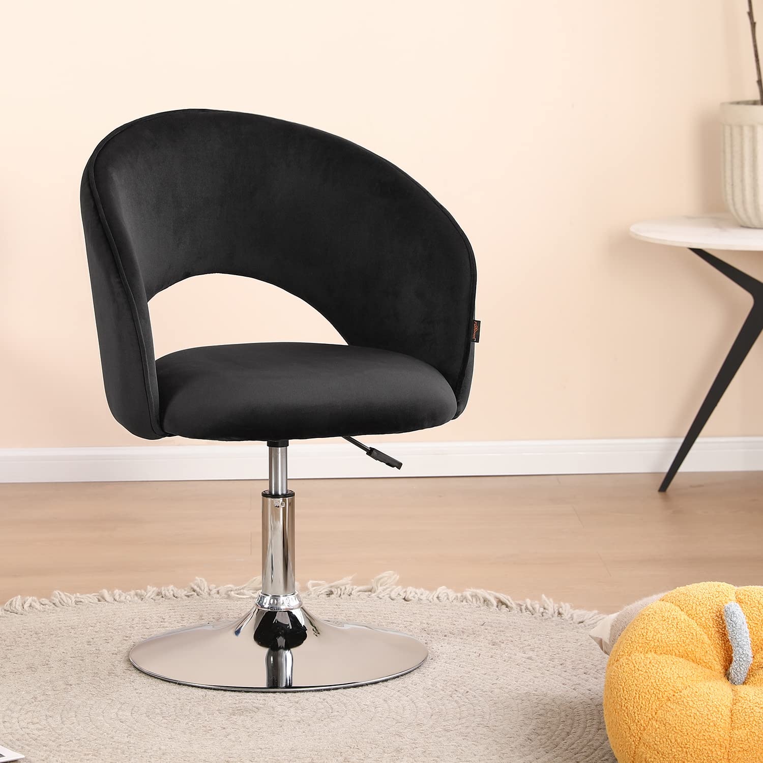 Furniliving Adjustable Swivel Makeup Vanity Chair - 360° Rotating Round-Back Accent Chair with Plated Metal Frame, Height Adjustable for Living Room, Lounge, Pub, Bar & Home Office (Black) - Perfect for Makeup, Reading, and Relaxing